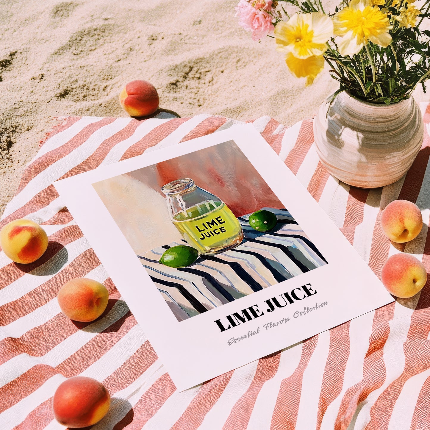 Lime Juice – on Striped Tablecloth, Food Shelf Still Life, unframed on coastal sand
