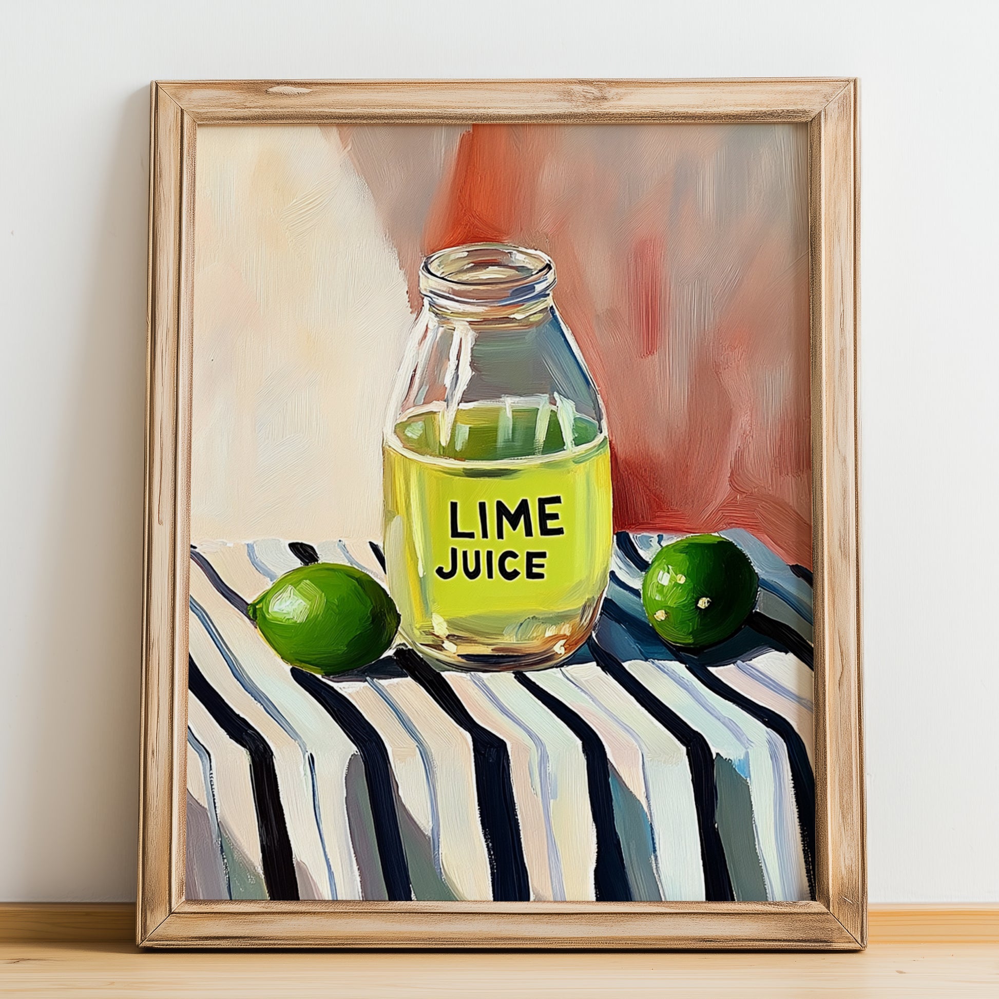 Lime Juice – on Striped Tablecloth, Food Shelf Still Life, no-text version framed in wood