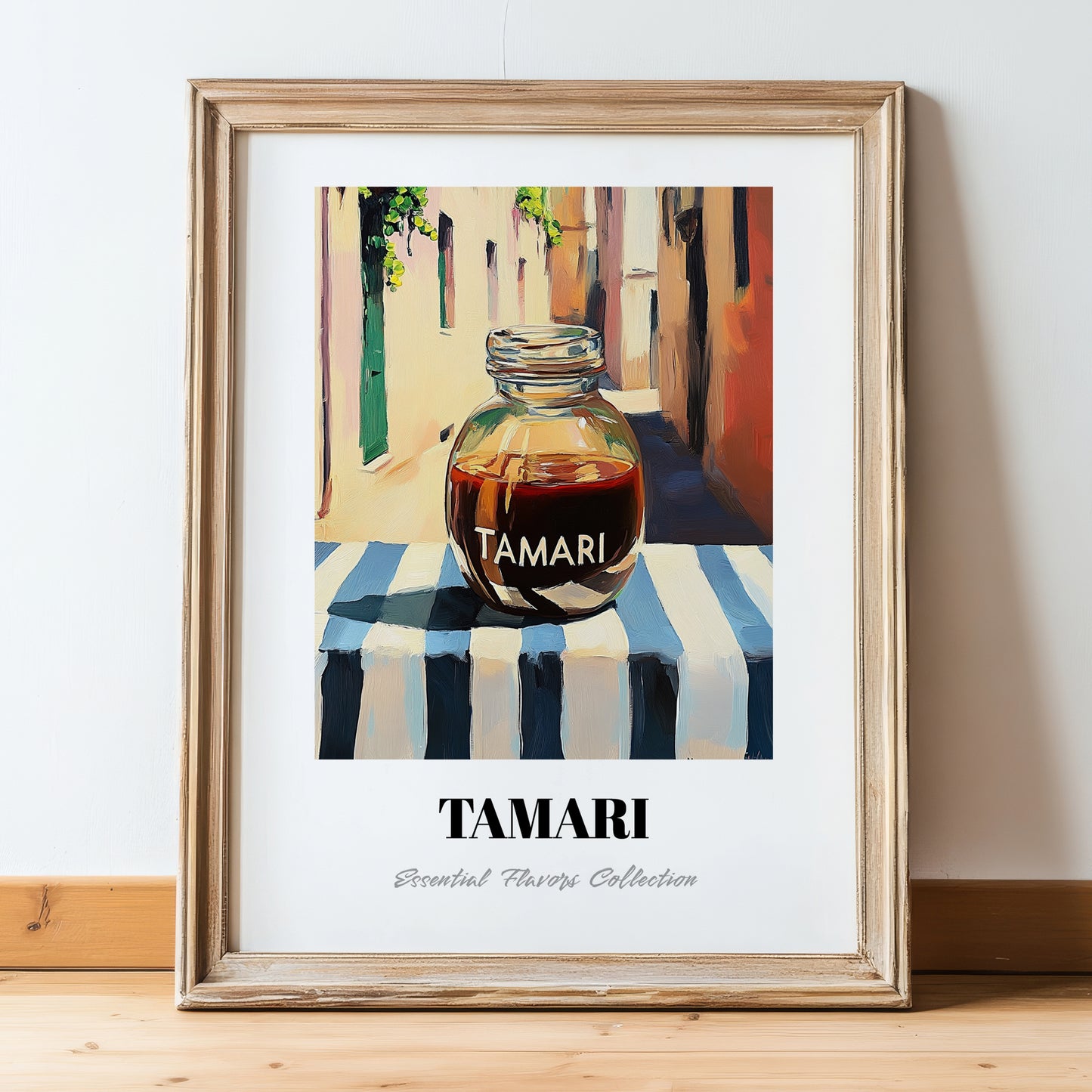 Tamari – Italian Café on the Corner, Dry Goods Illustration, in wooden frame leaning on the floor