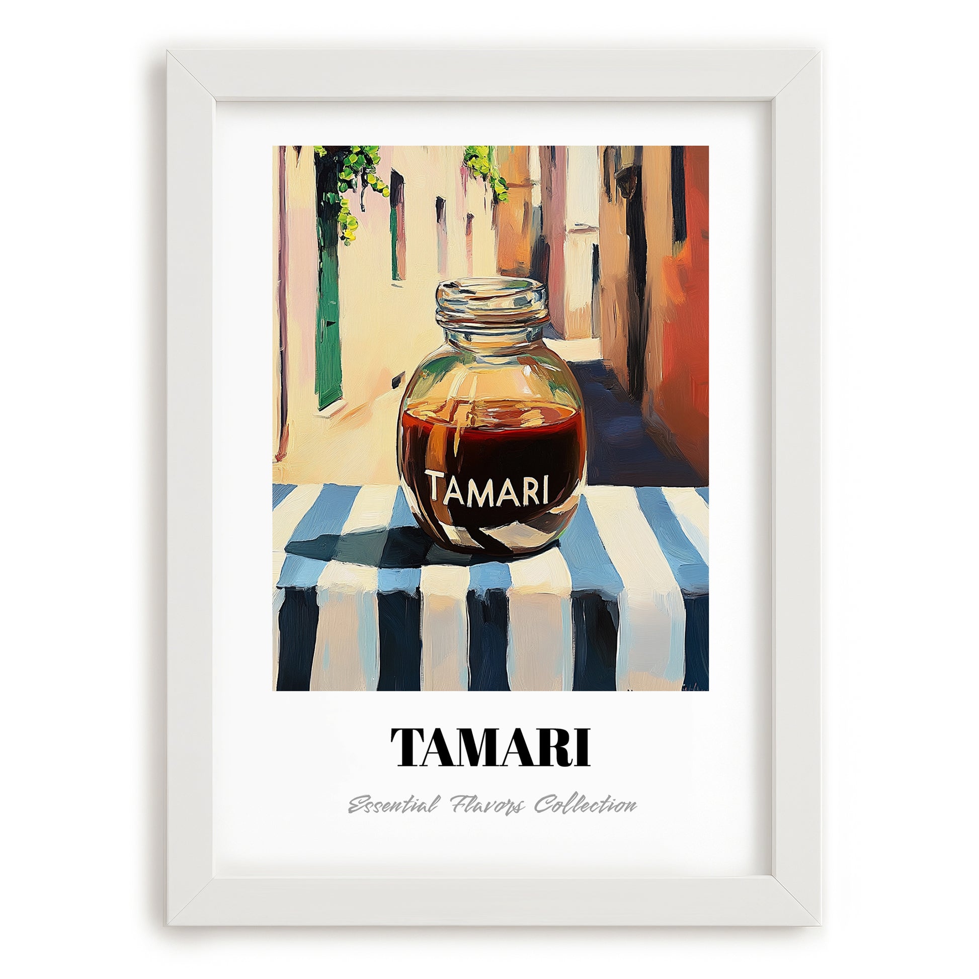 Tamari – Italian Café on the Corner, Dry Goods Illustration, placed in minimal white frame