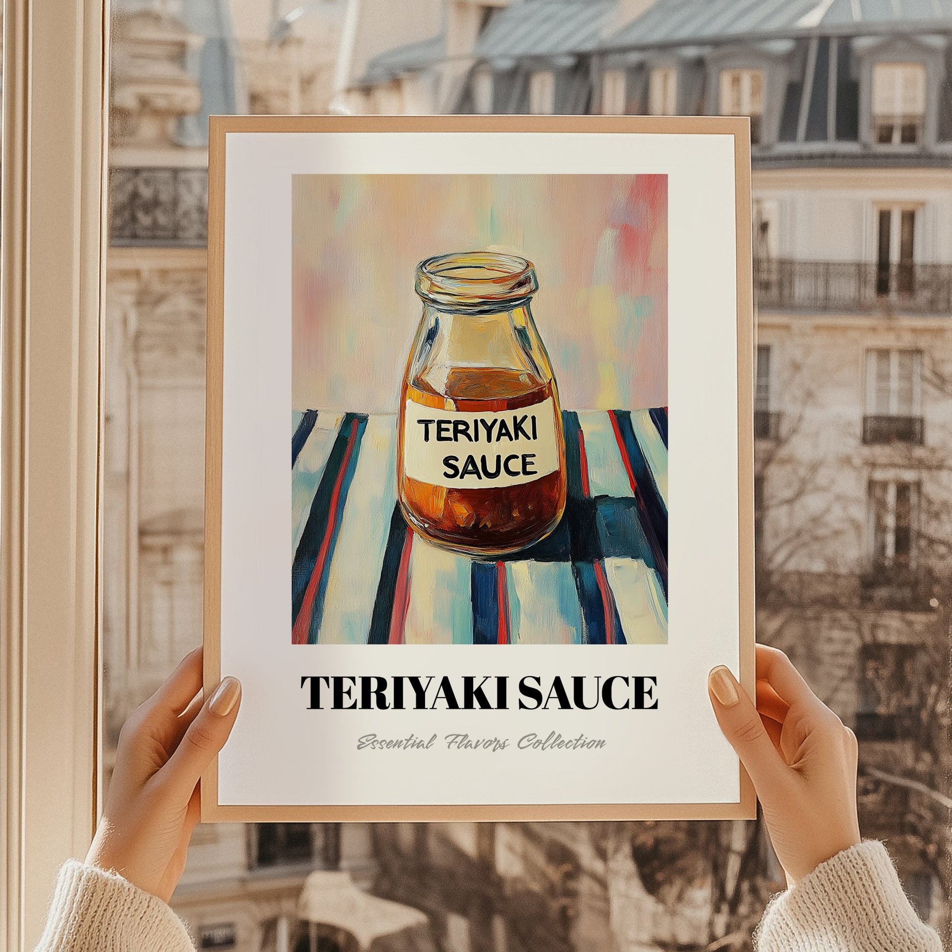 Teriyaki Sauce – on Striped Tablecloth, Ingredients Corner Wall Decor, styled in a charming Paris street view
