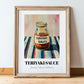 Teriyaki Sauce – on Striped Tablecloth, Ingredients Corner Wall Decor, in wooden frame leaning on the floor