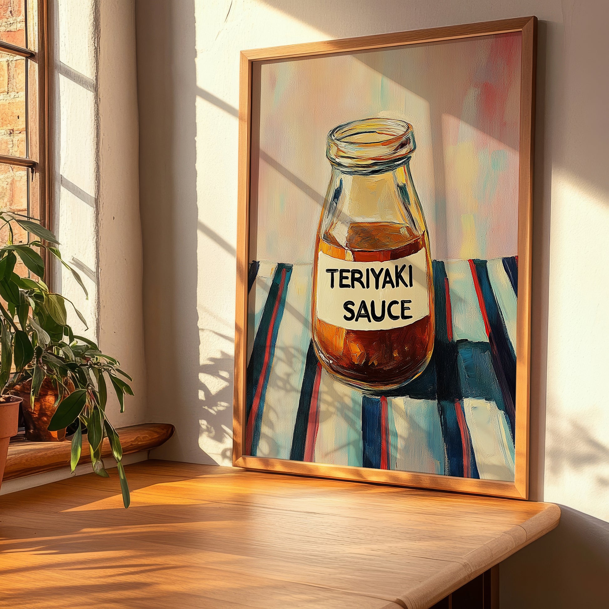 Teriyaki Sauce – on Striped Tablecloth, Ingredients Corner Wall Decor, clean layout with no caption