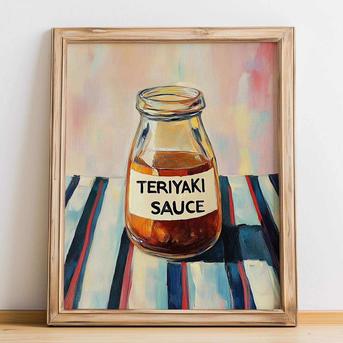 Teriyaki Sauce – on Striped Tablecloth, Ingredients Corner Wall Decor, no-text version framed in wood