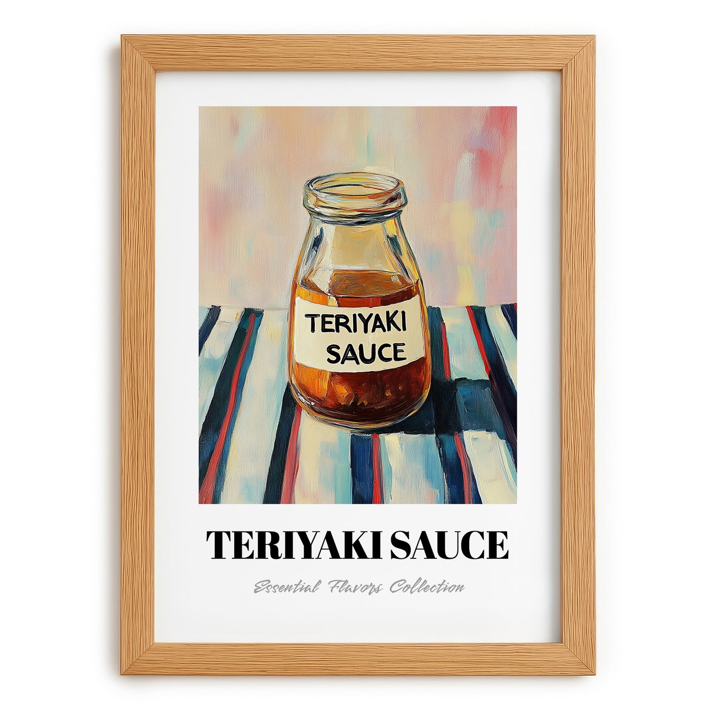 Teriyaki Sauce – on Striped Tablecloth, Ingredients Corner Wall Decor, set in oak frame
