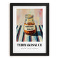 Teriyaki Sauce – on Striped Tablecloth, Ingredients Corner Wall Decor, in sleek black frame