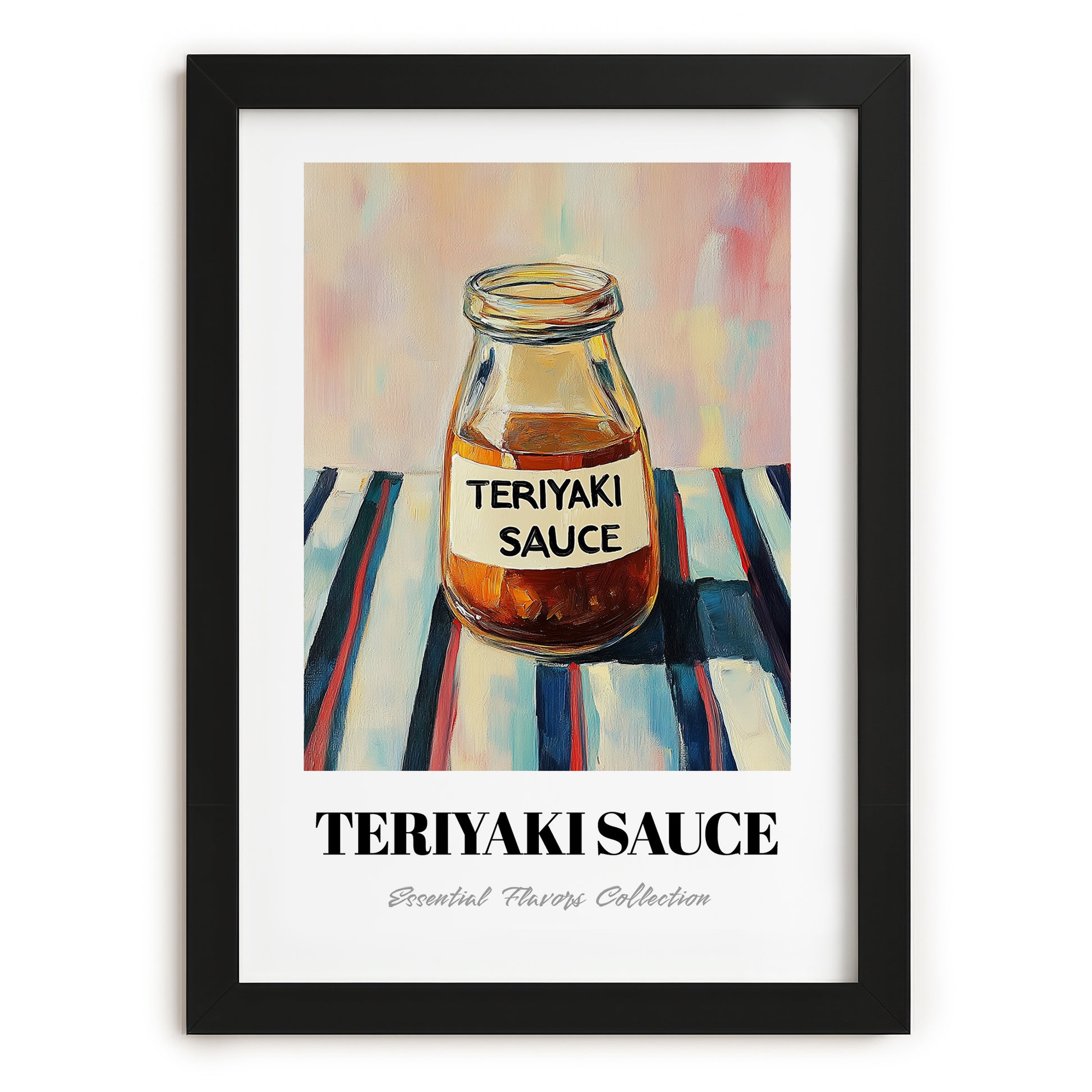 Teriyaki Sauce – on Striped Tablecloth, Ingredients Corner Wall Decor, in sleek black frame