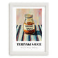 Teriyaki Sauce – on Striped Tablecloth, Ingredients Corner Wall Decor, placed in minimal white frame