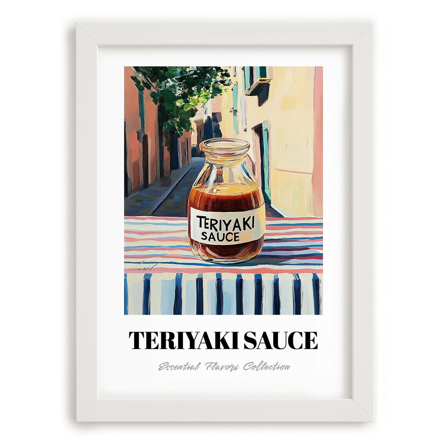 Teriyaki Sauce – Italian Urban Café Scene, Pantry Painting, placed in minimal white frame