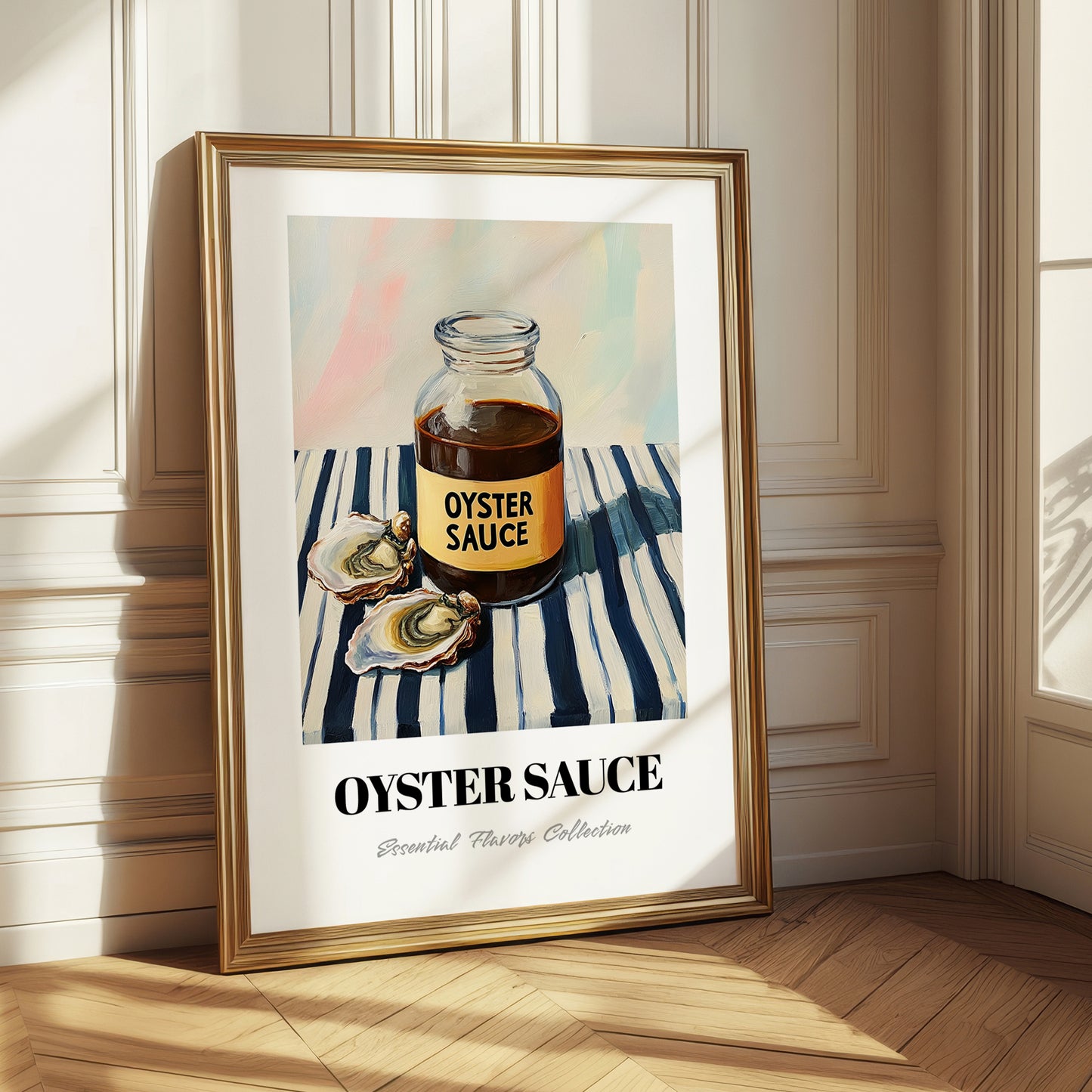 Oyster Sauce – on Striped Tablecloth, Grocery Painting