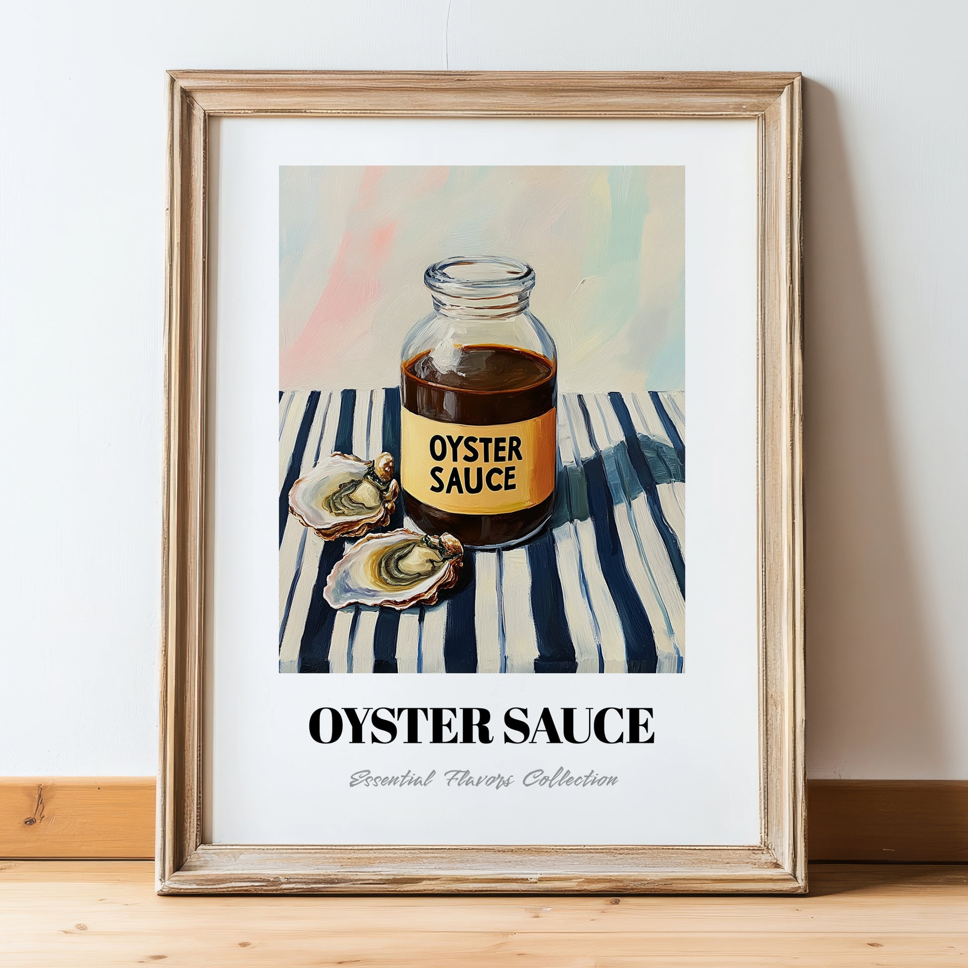Oyster Sauce – on Striped Tablecloth, Grocery Painting, in wooden frame leaning on the floor
