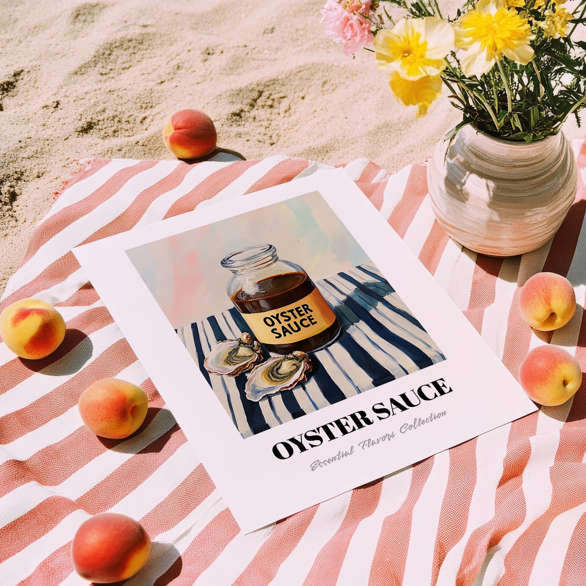 Oyster Sauce – on Striped Tablecloth, Grocery Painting, unframed on coastal sand
