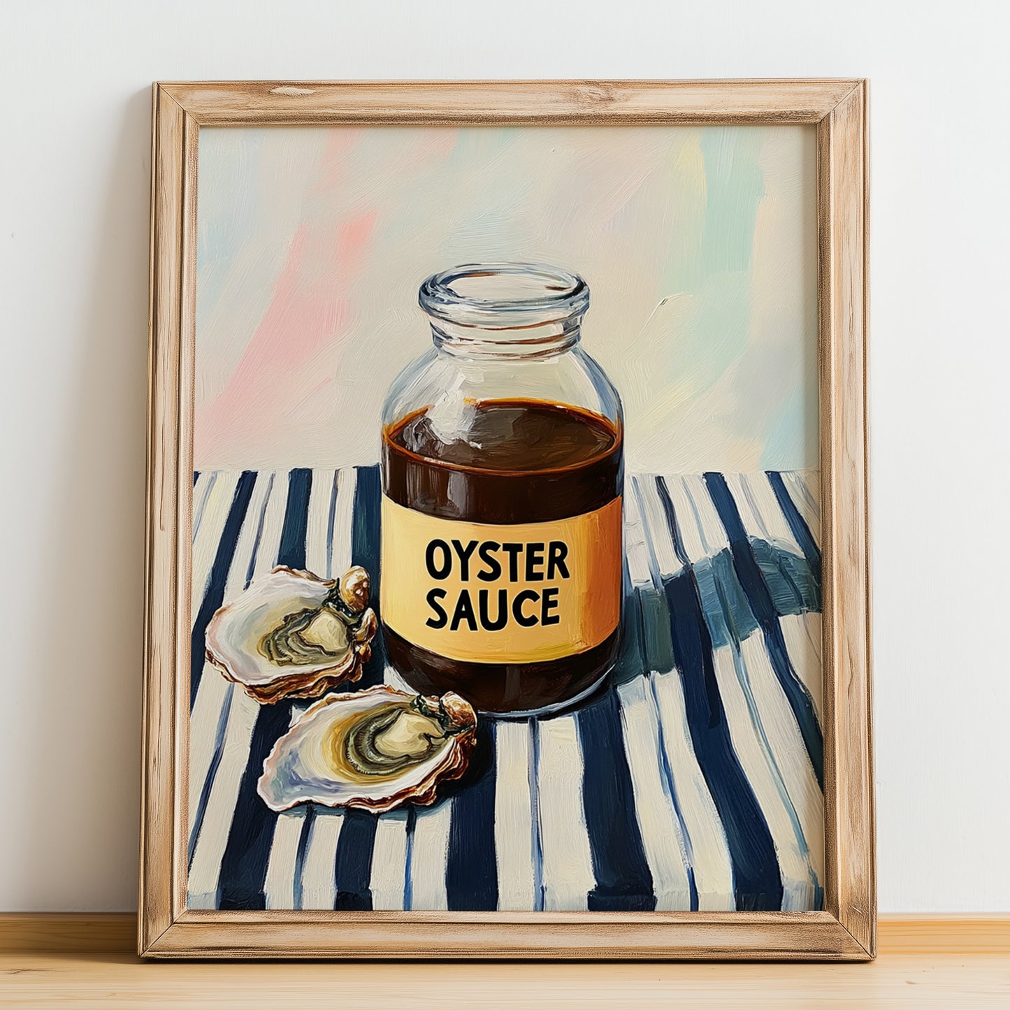 Oyster Sauce – on Striped Tablecloth, Grocery Painting, no-text version framed in wood