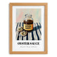 Oyster Sauce – on Striped Tablecloth, Grocery Painting, set in oak frame