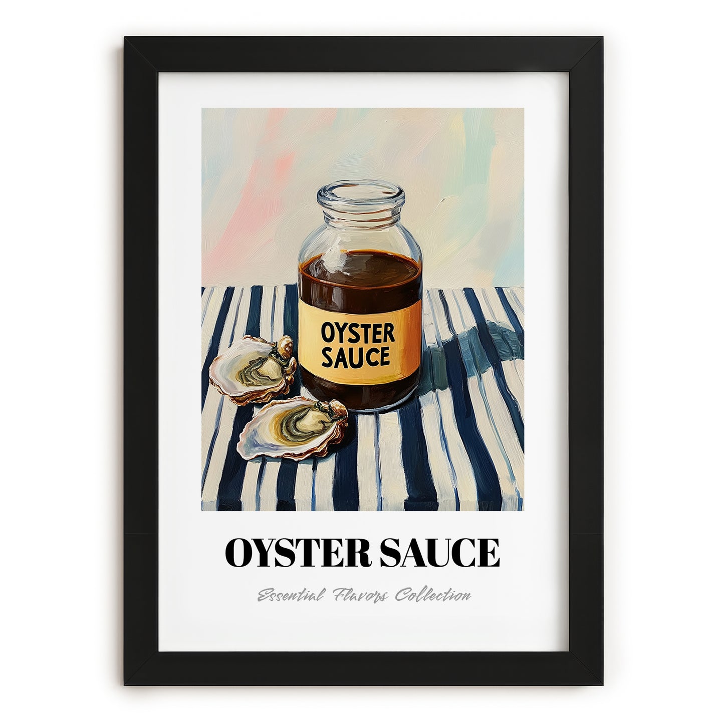 Oyster Sauce – on Striped Tablecloth, Grocery Painting, in sleek black frame