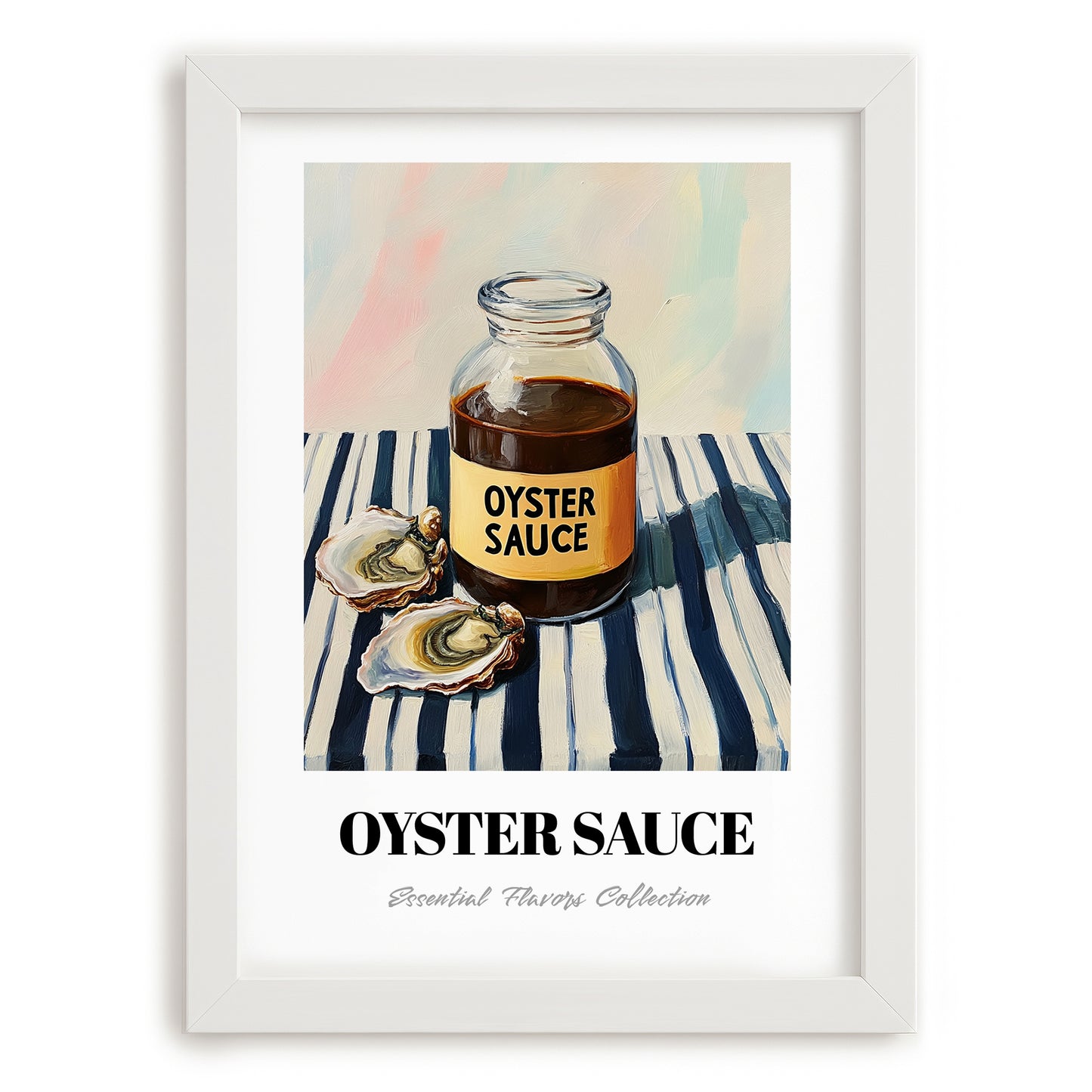 Oyster Sauce – on Striped Tablecloth, Grocery Painting, placed in minimal white frame
