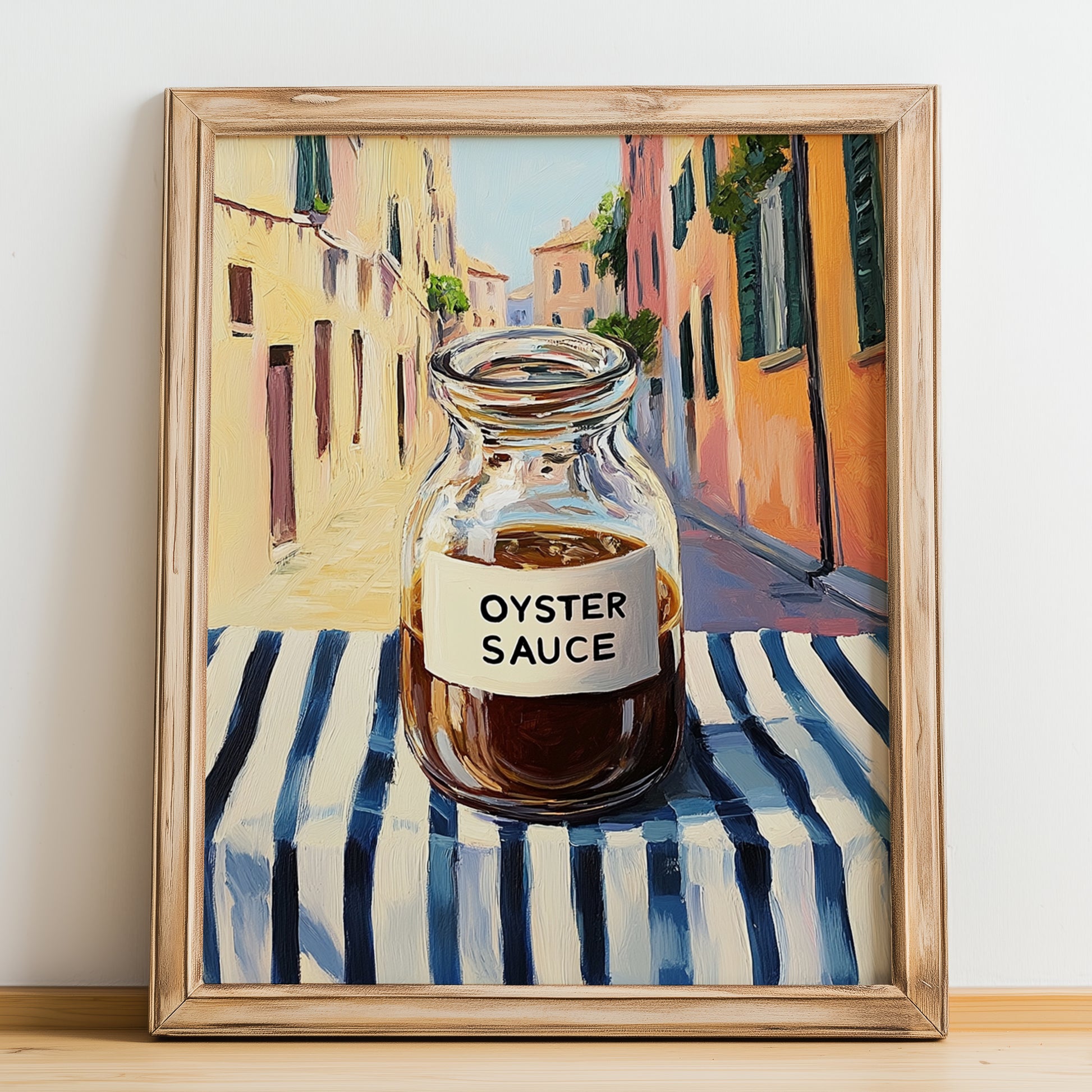 Oyster Sauce – Italian Street Café Scene, Kitchen Storage Painting, no-text version framed in wood