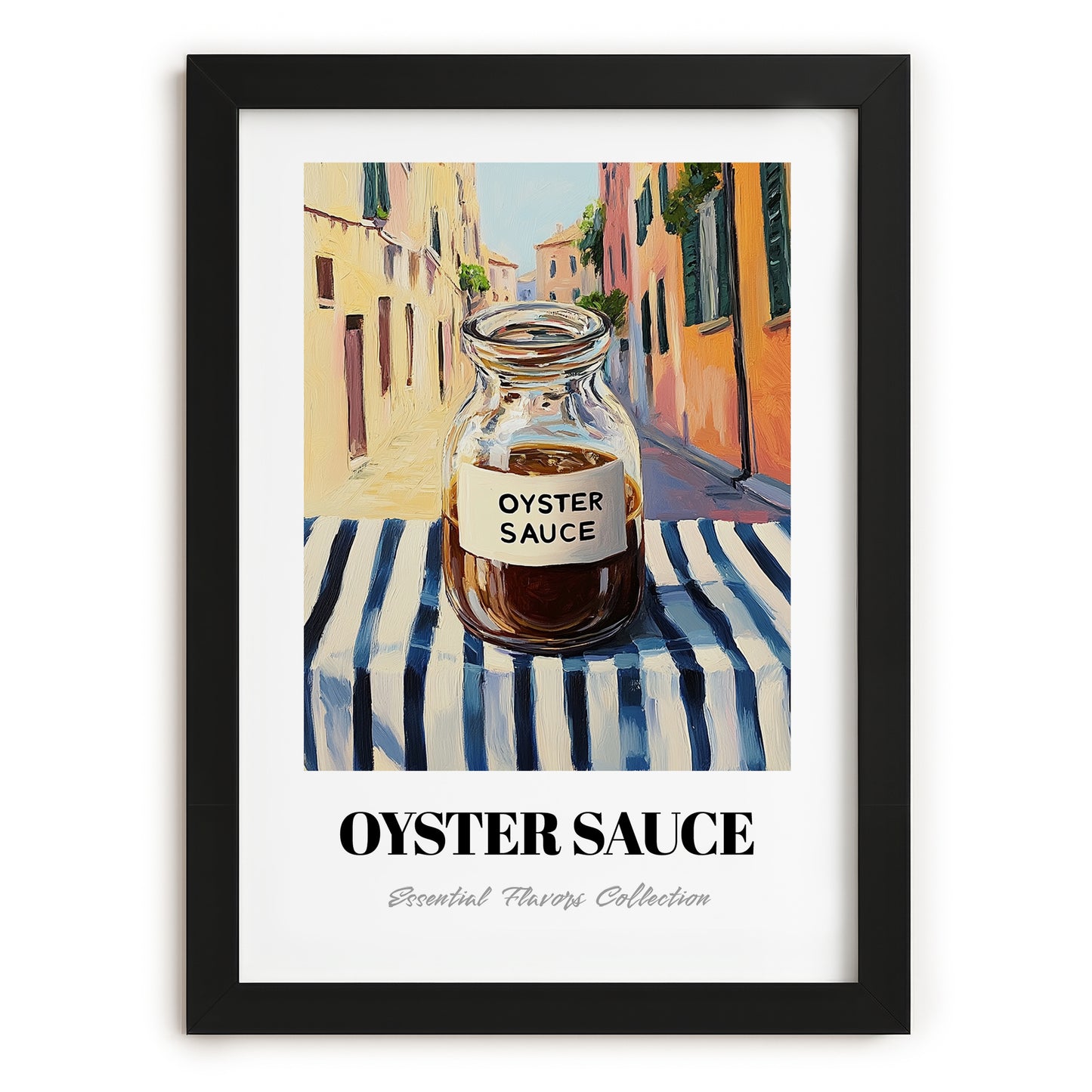 Oyster Sauce – Italian Street Café Scene, Kitchen Storage Painting, in sleek black frame