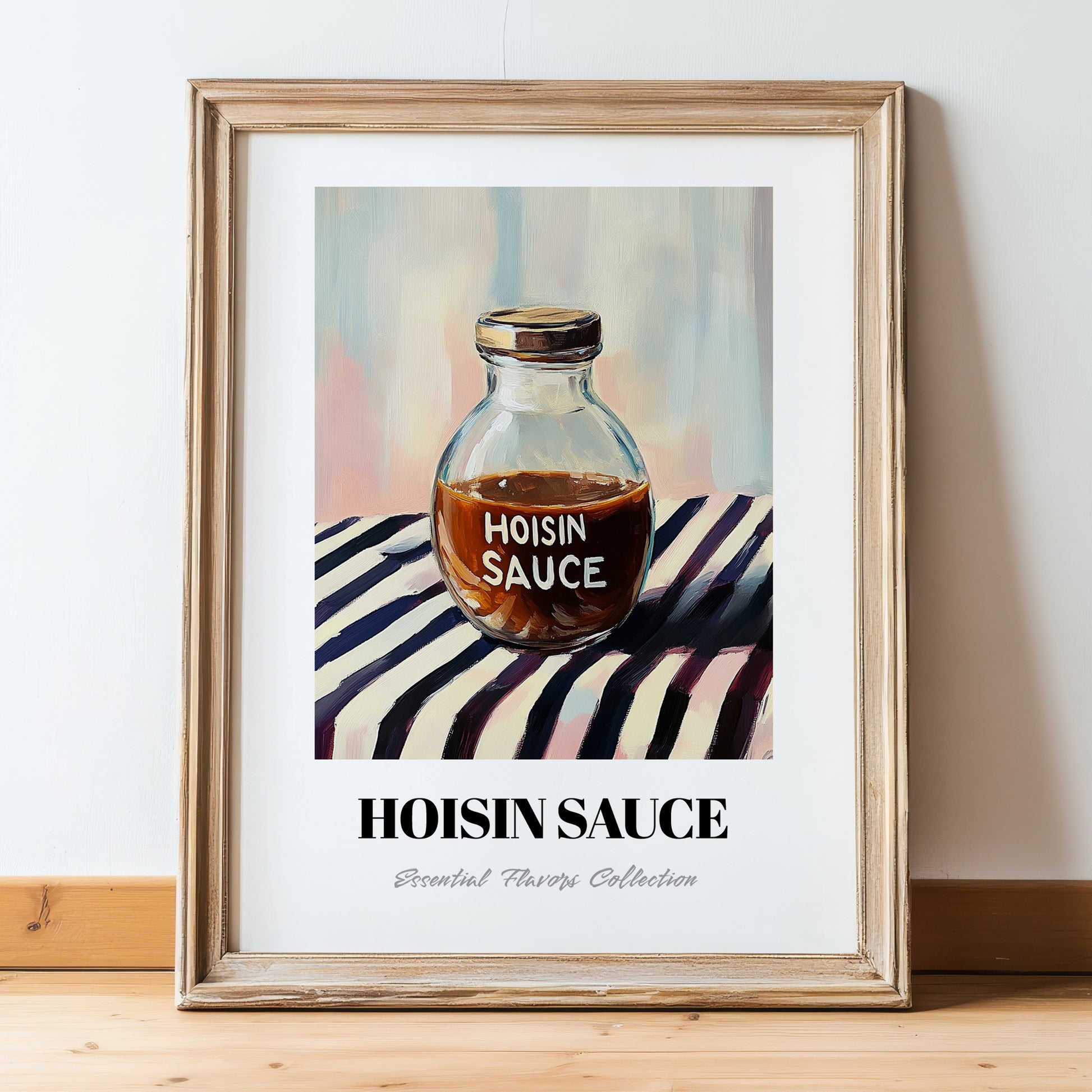 Hoisin Sauce – on Striped Tablecloth, Larder Wall Decor, in wooden frame leaning on the floor