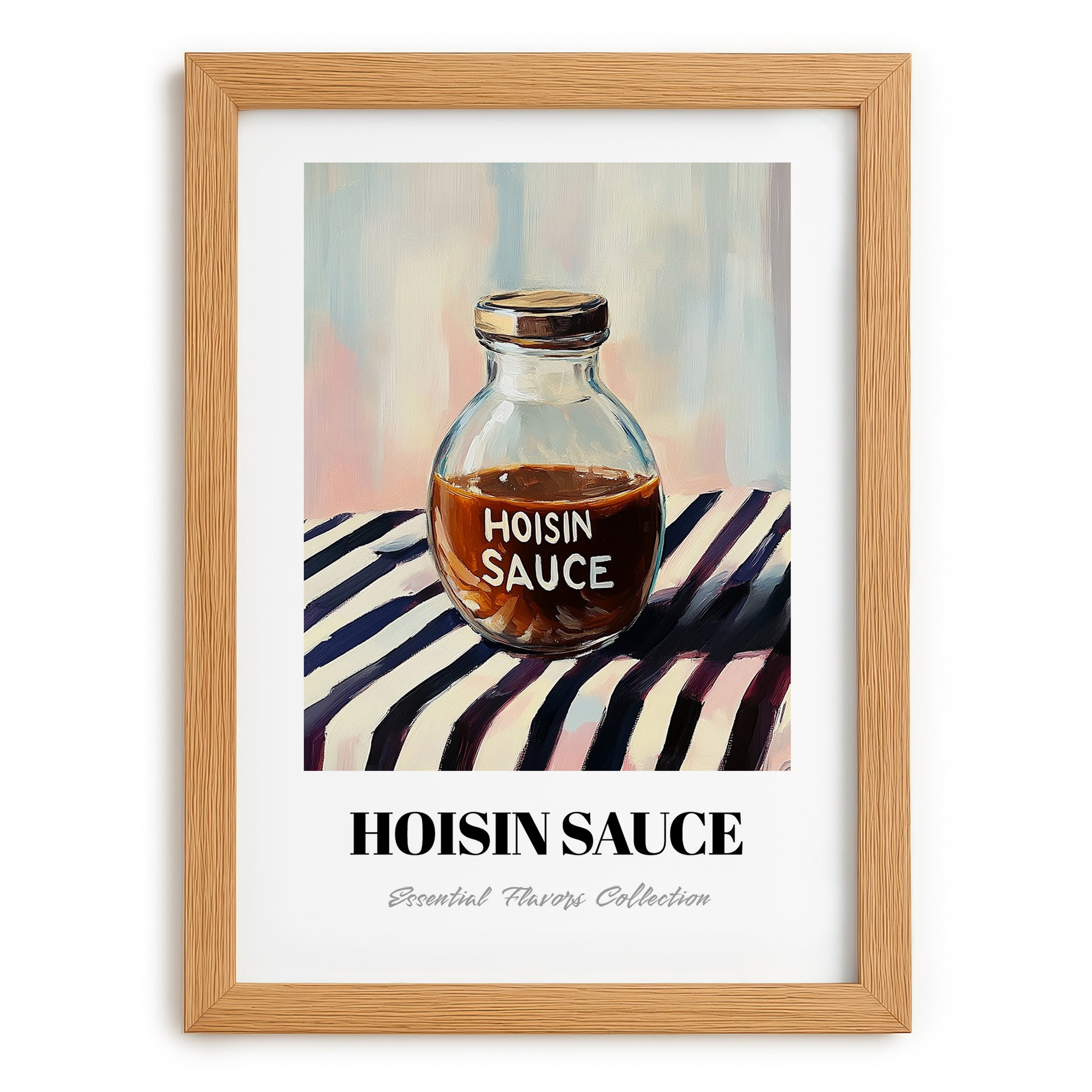 Hoisin Sauce – on Striped Tablecloth, Larder Wall Decor, set in oak frame