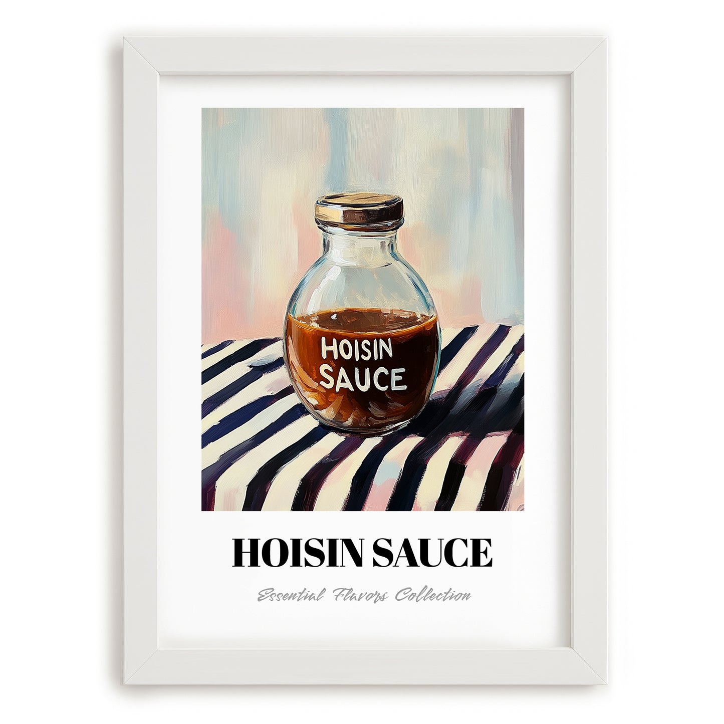 Hoisin Sauce – on Striped Tablecloth, Larder Wall Decor, placed in minimal white frame