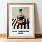 Worcestershire Sauce – on Striped Tablecloth, Grocery Still Life, in wooden frame leaning on the floor