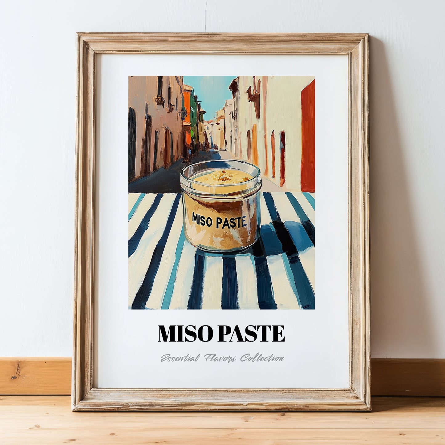 Miso Paste – Italian Street Café Scene, Dry Goods Painting, in wooden frame leaning on the floor