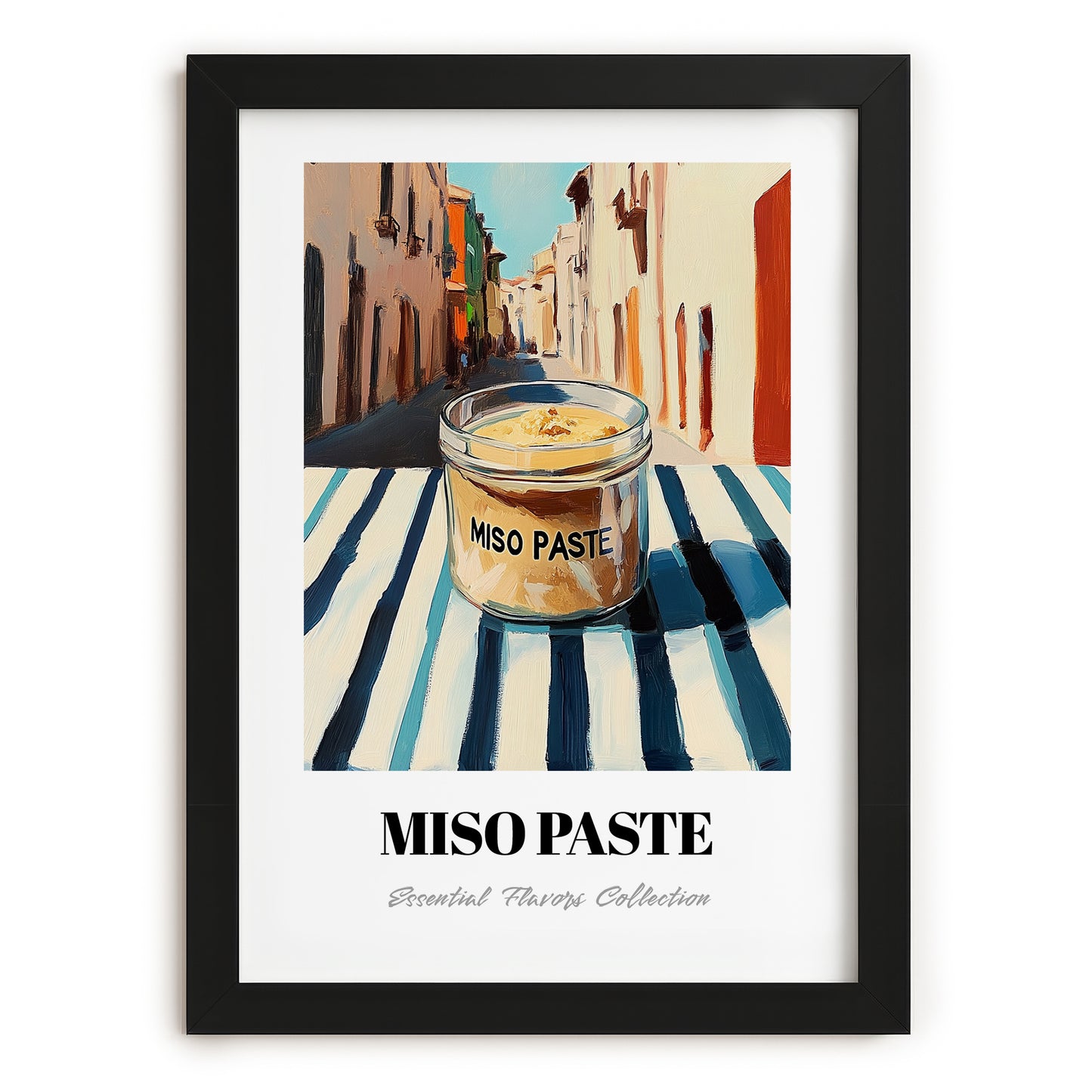 Miso Paste – Italian Street Café Scene, Dry Goods Painting, in sleek black frame