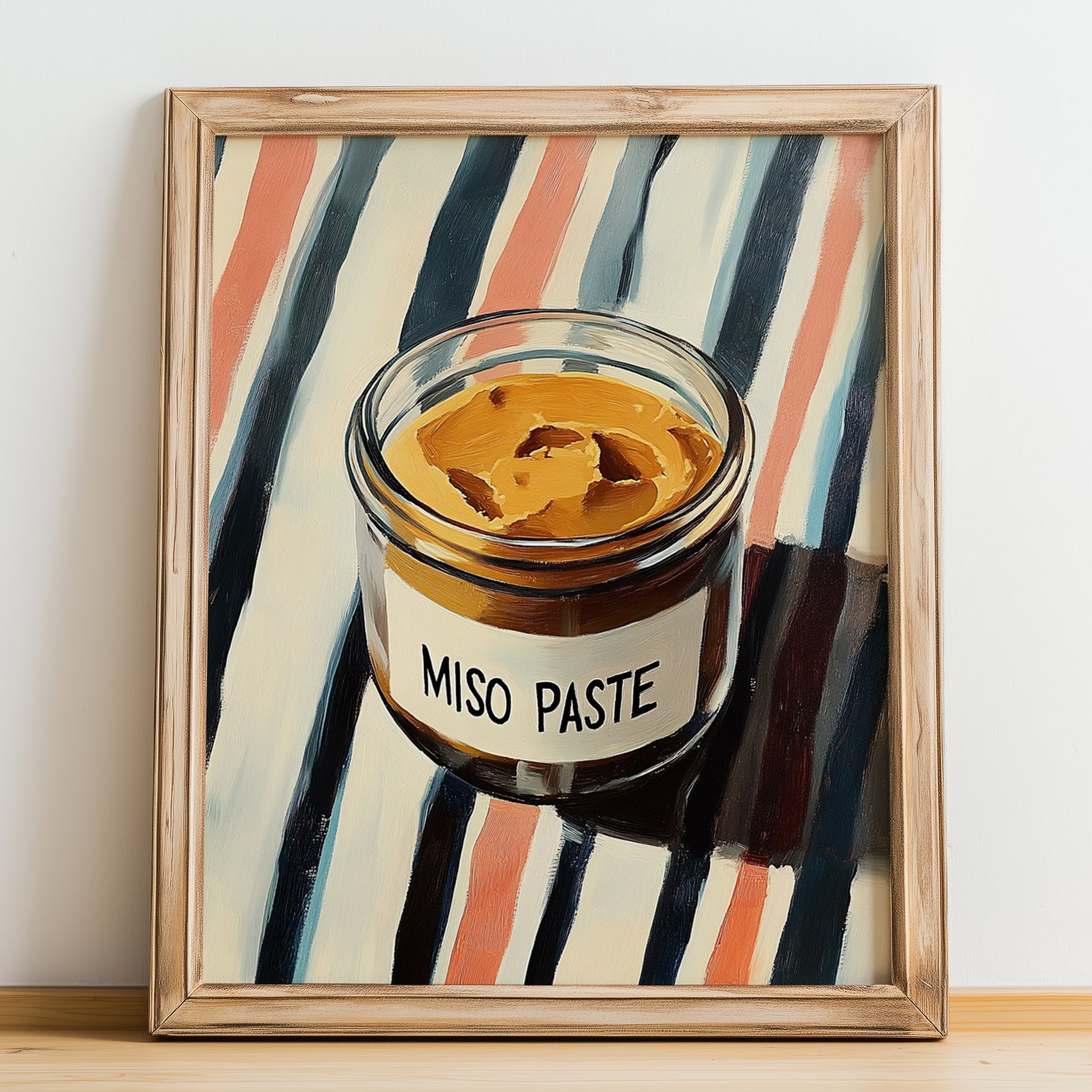 Miso Paste – on Striped Tablecloth, Larder Wall Art, no-text version framed in wood