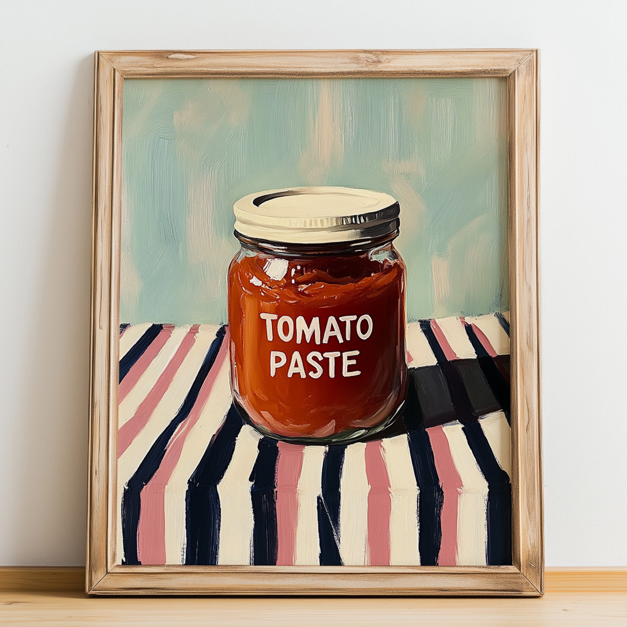 Tomato Paste – on Striped Tablecloth, Pantry Still Life, no-text version framed in wood