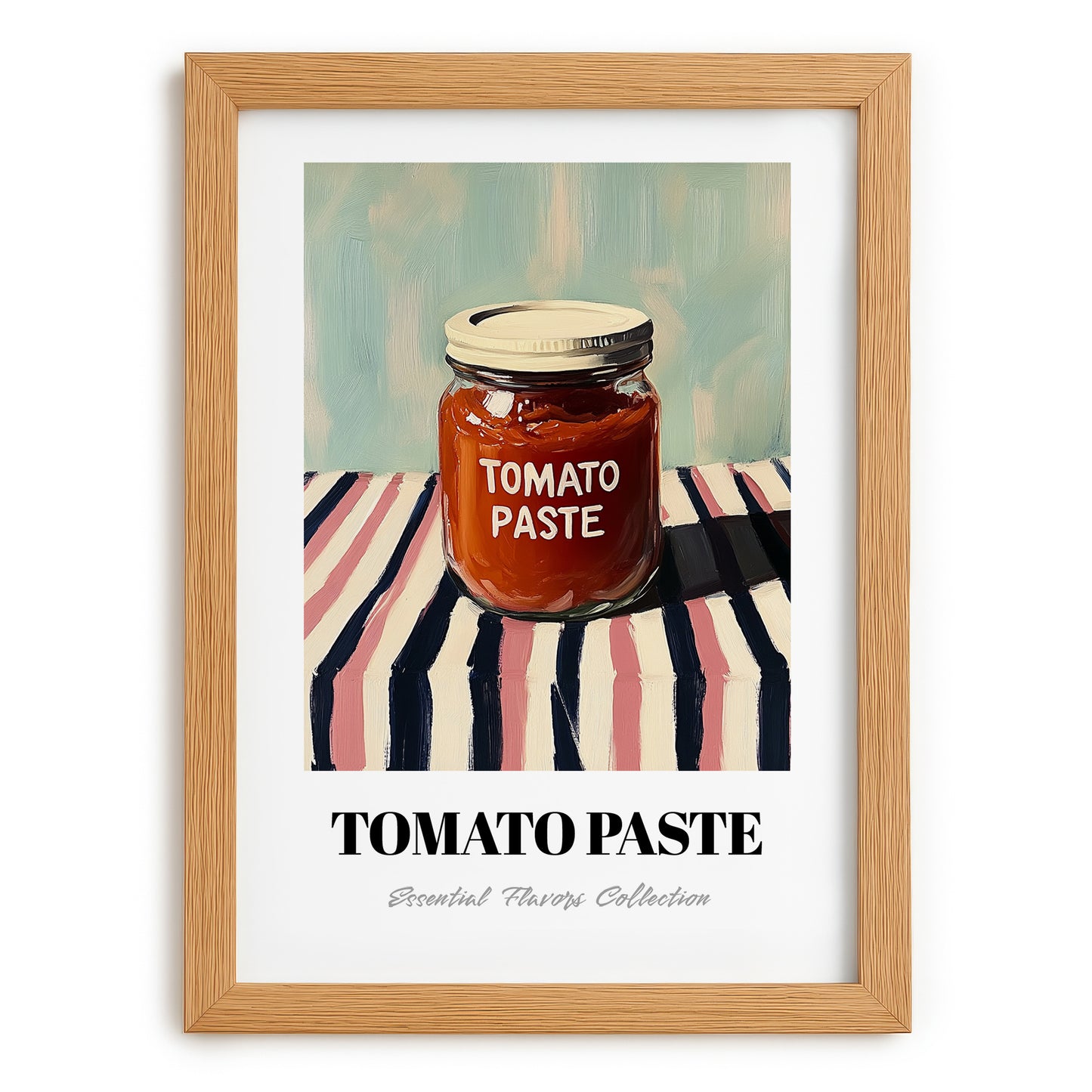 Tomato Paste – on Striped Tablecloth, Pantry Still Life, set in oak frame