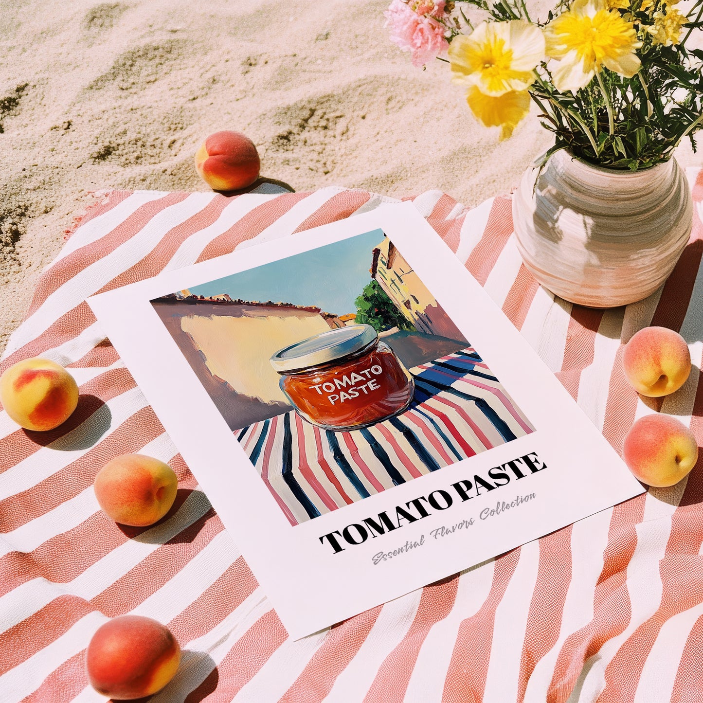 Tomato Paste – Italian Urban Café Scene, Ingredients Corner Still Life, unframed on coastal sand