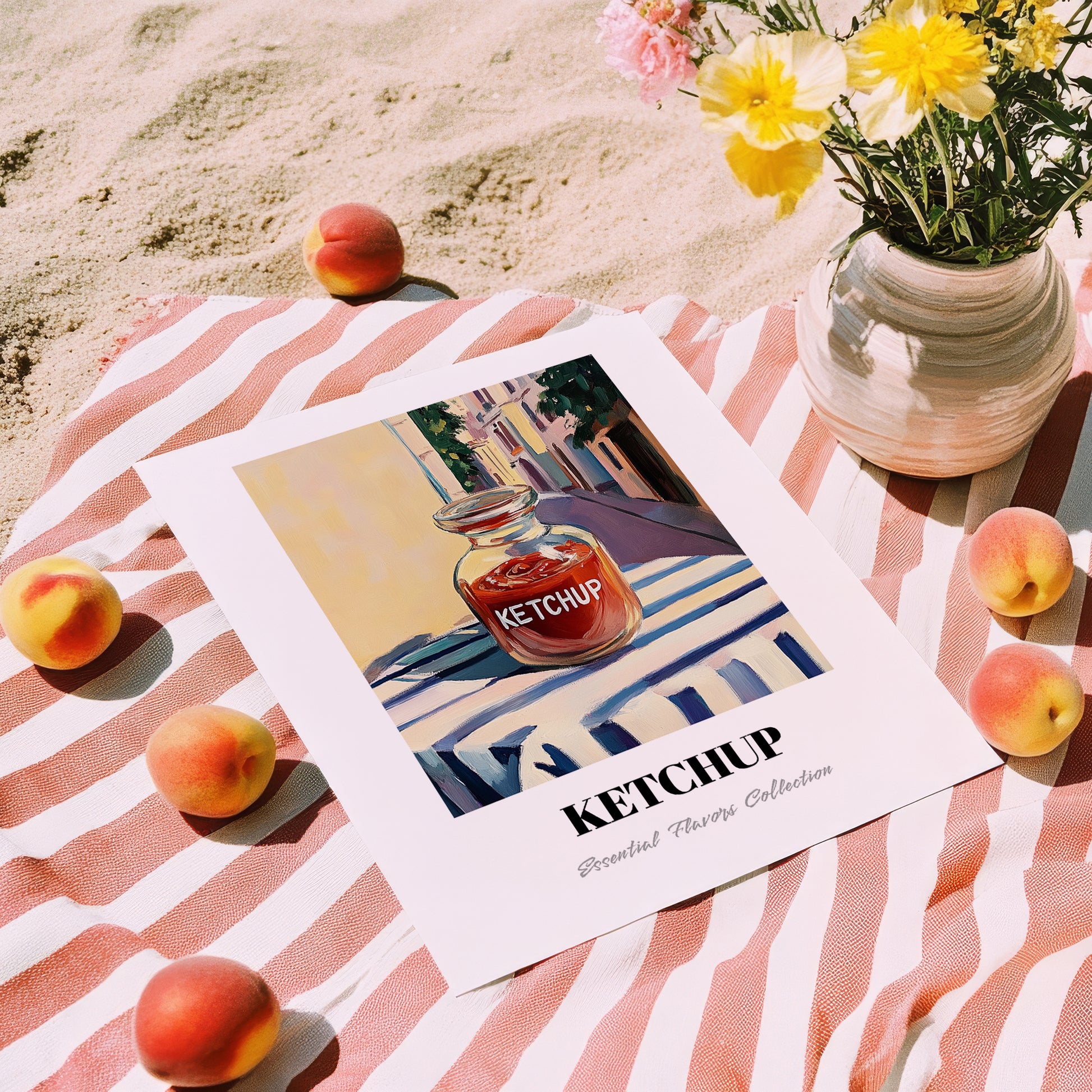 Ketchup – Italian Urban Café Scene, Shelf Stock Wall Decor, unframed on coastal sand