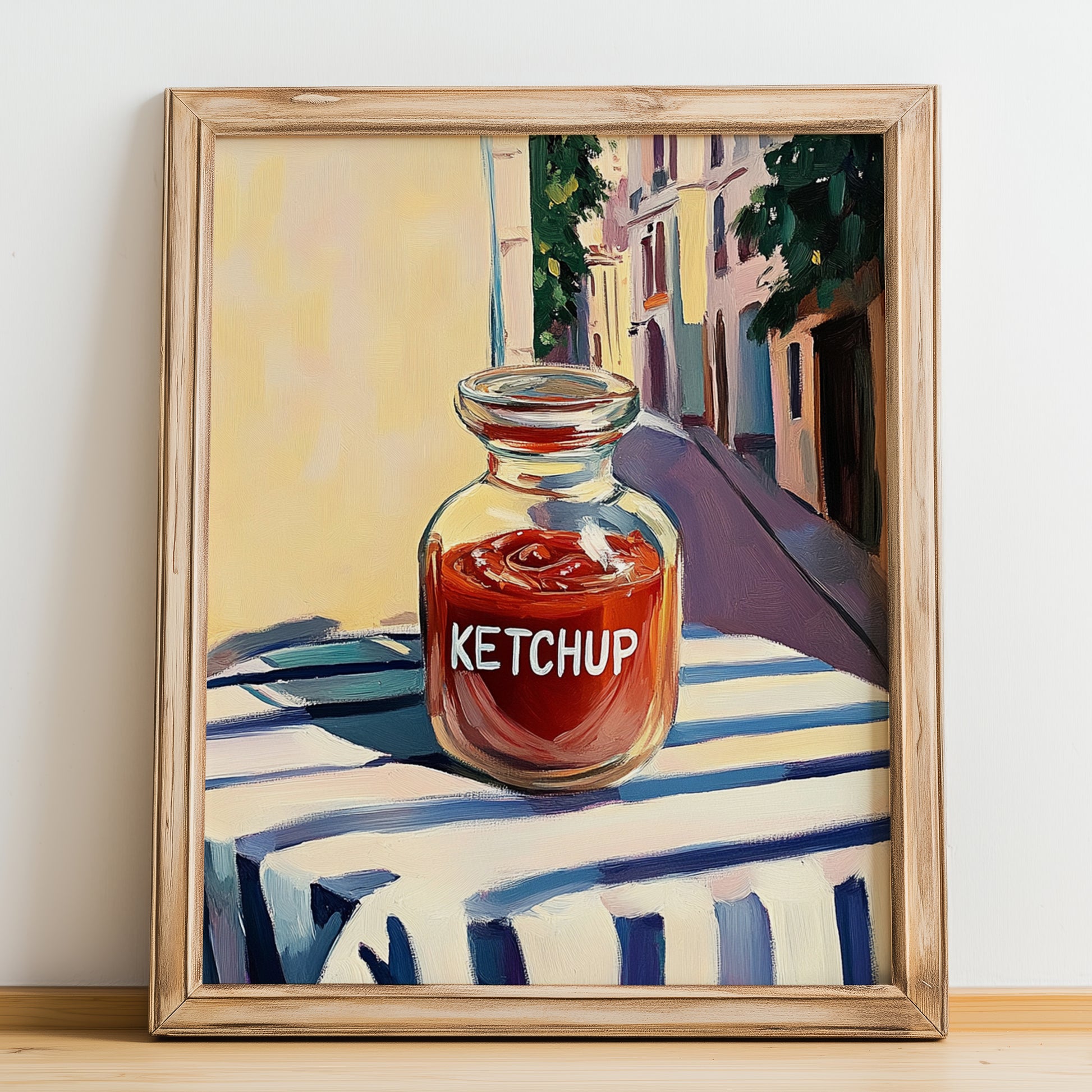 Ketchup – Italian Urban Café Scene, Shelf Stock Wall Decor, no-text version framed in wood