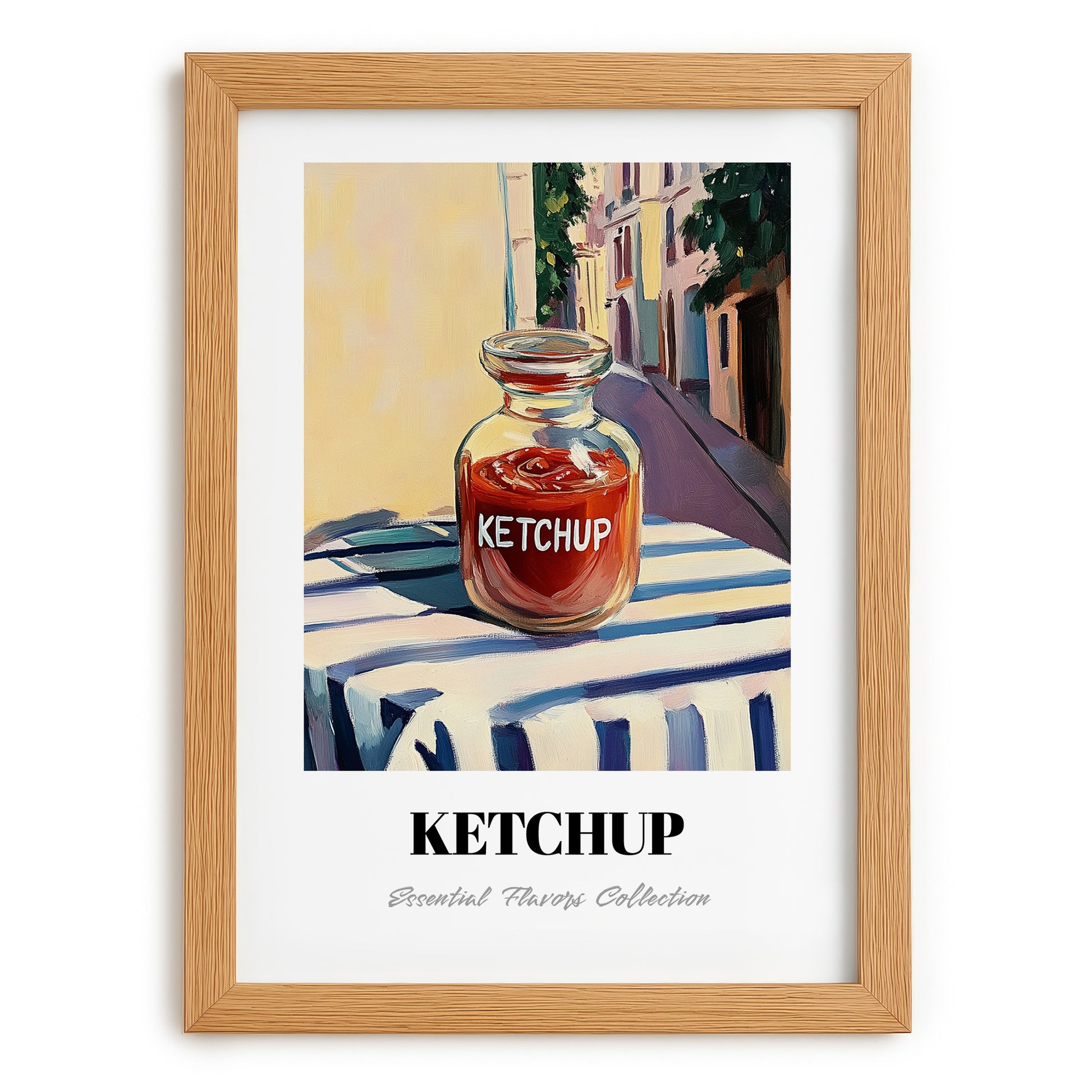 Ketchup – Italian Urban Café Scene, Shelf Stock Wall Decor, set in oak frame