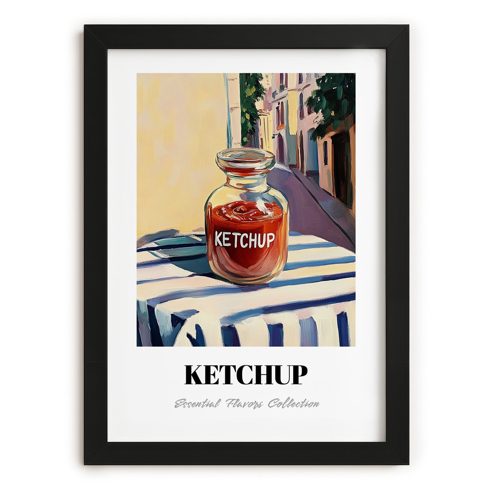 Ketchup – Italian Urban Café Scene, Shelf Stock Wall Decor, in sleek black frame