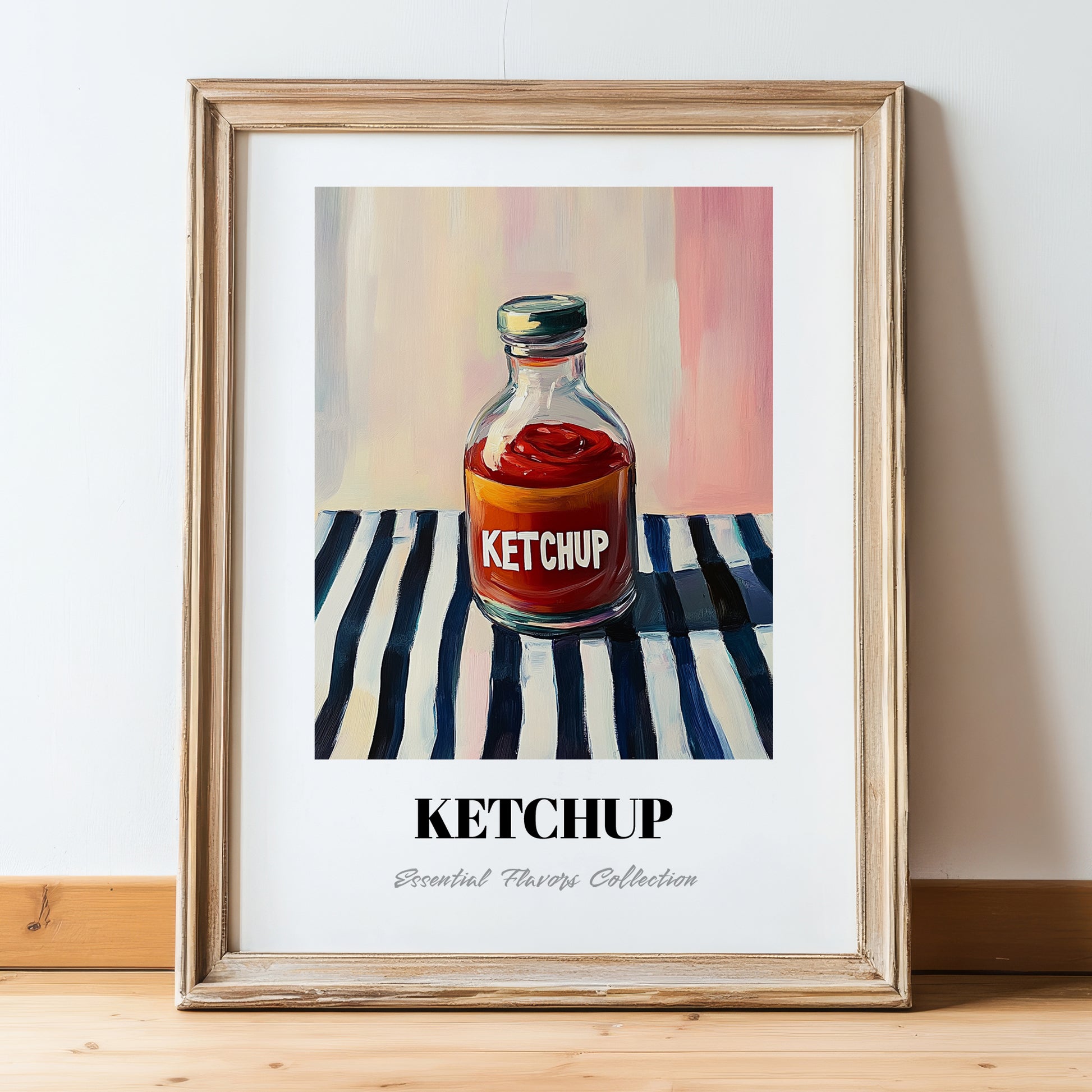 Ketchup – on Striped Tablecloth, Grocery Still Life, in wooden frame leaning on the floor