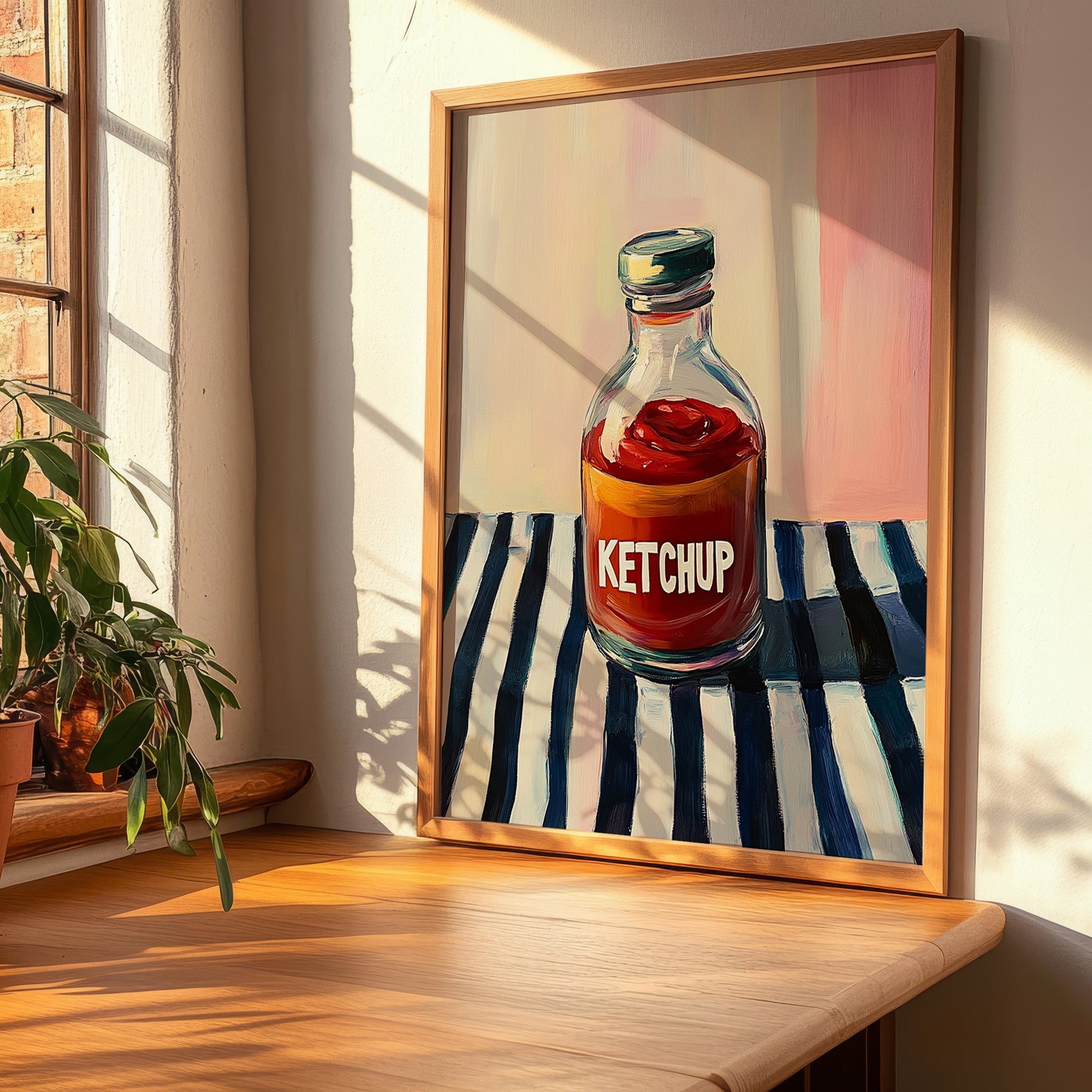 Ketchup – on Striped Tablecloth, Grocery Still Life, clean layout with no caption
