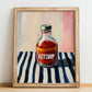 Ketchup – on Striped Tablecloth, Grocery Still Life, no-text version framed in wood