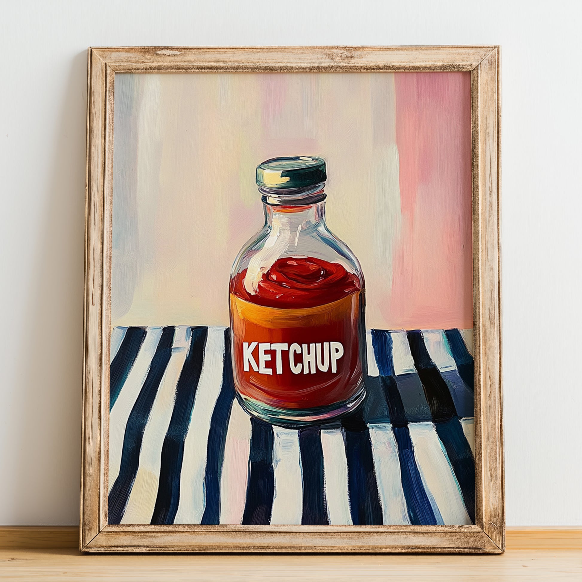 Ketchup – on Striped Tablecloth, Grocery Still Life, no-text version framed in wood