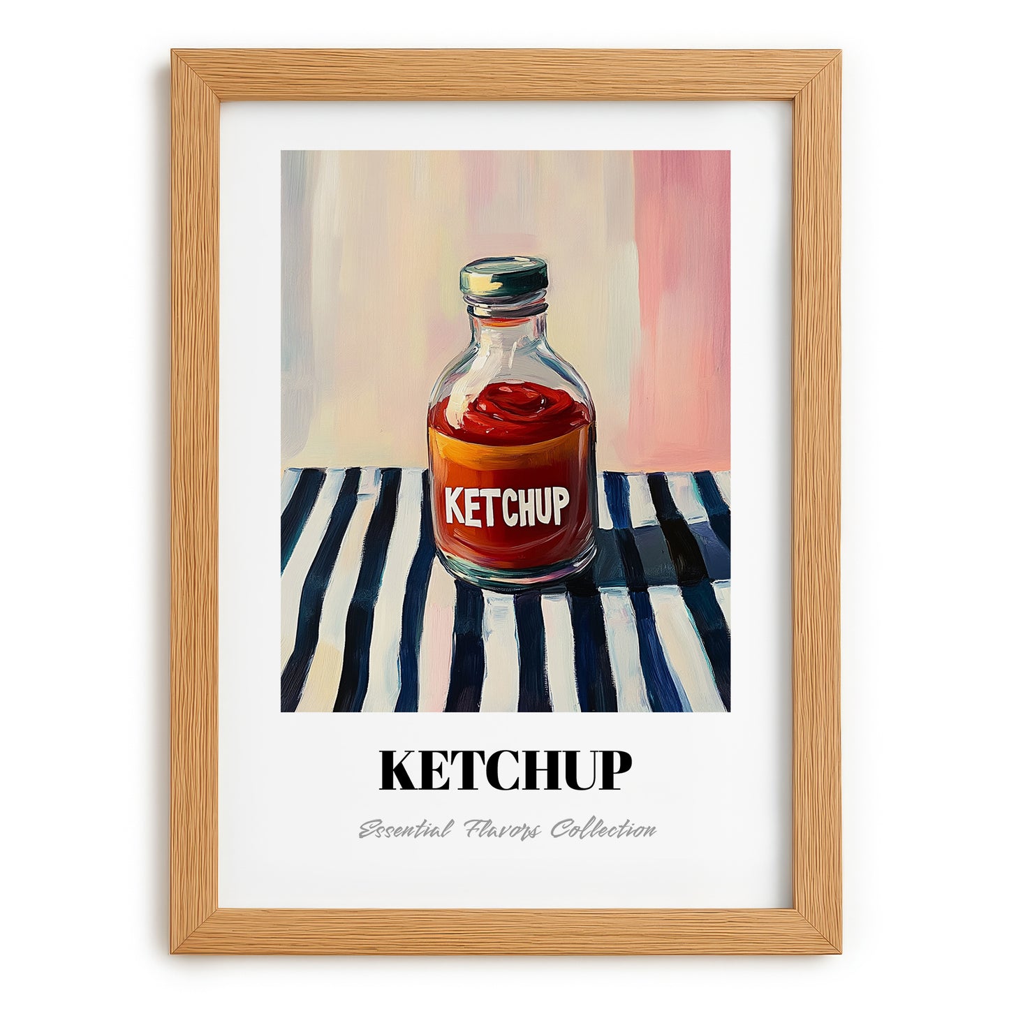 Ketchup – on Striped Tablecloth, Grocery Still Life, set in oak frame