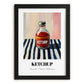 Ketchup – on Striped Tablecloth, Grocery Still Life, in sleek black frame