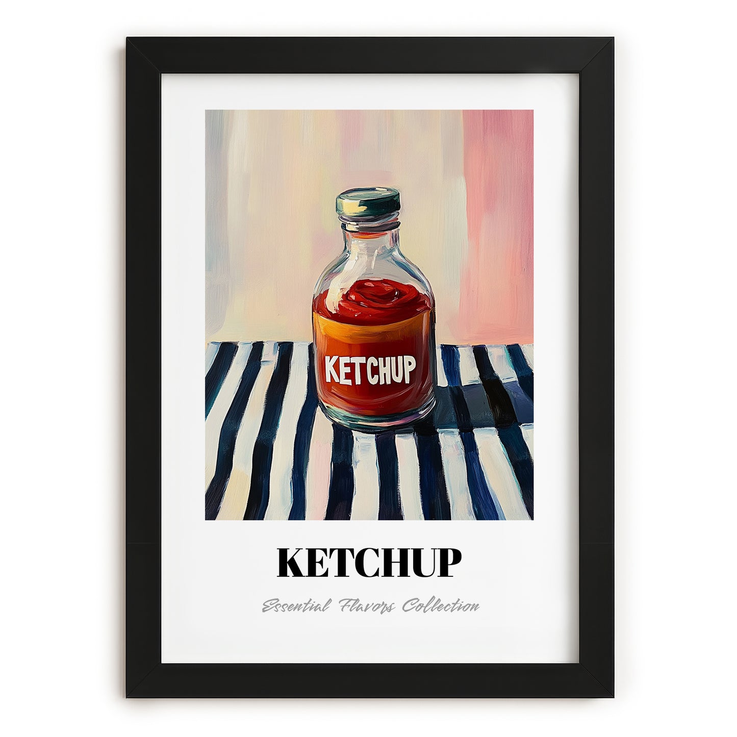 Ketchup – on Striped Tablecloth, Grocery Still Life, in sleek black frame