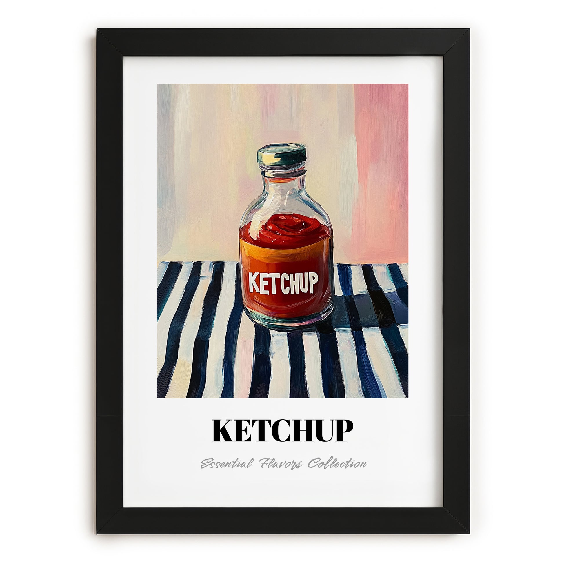 Ketchup – on Striped Tablecloth, Grocery Still Life, in sleek black frame