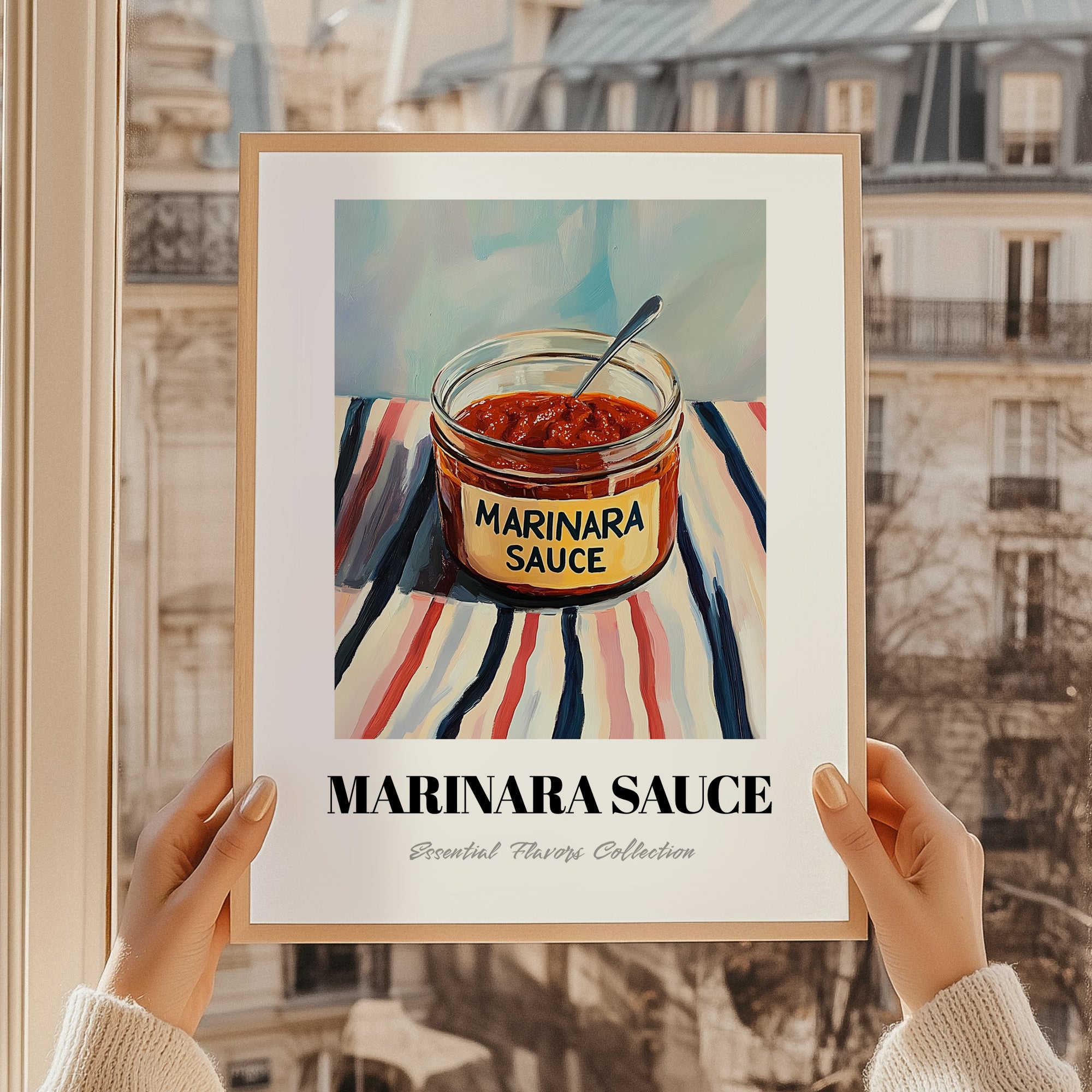 Marinara Sauce – on Striped Tablecloth, Grocery Wall Painting, styled in a charming Paris street view