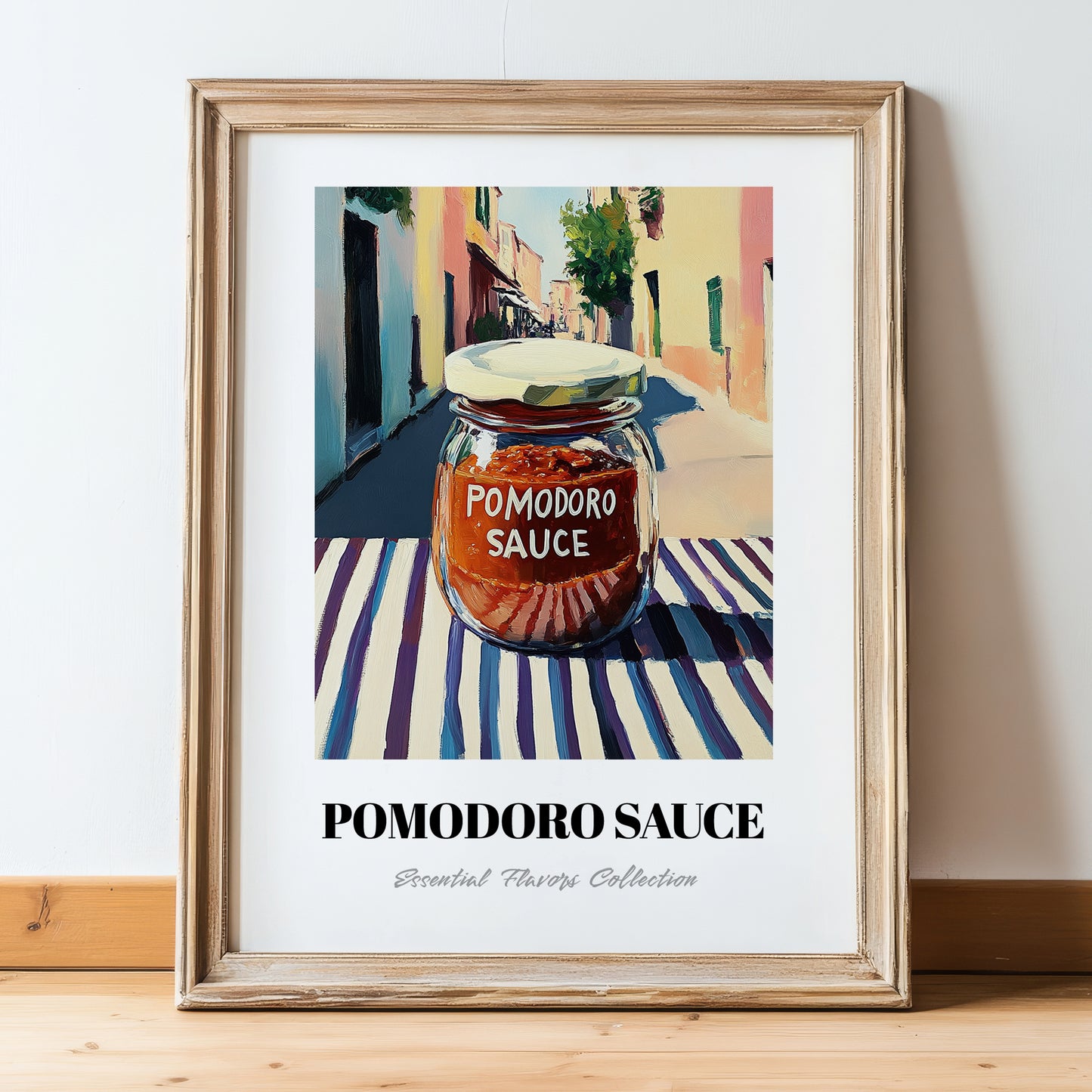 Pomodoro Sauce – Italian Street Café Scene, Food Stash Illustration, in wooden frame leaning on the floor