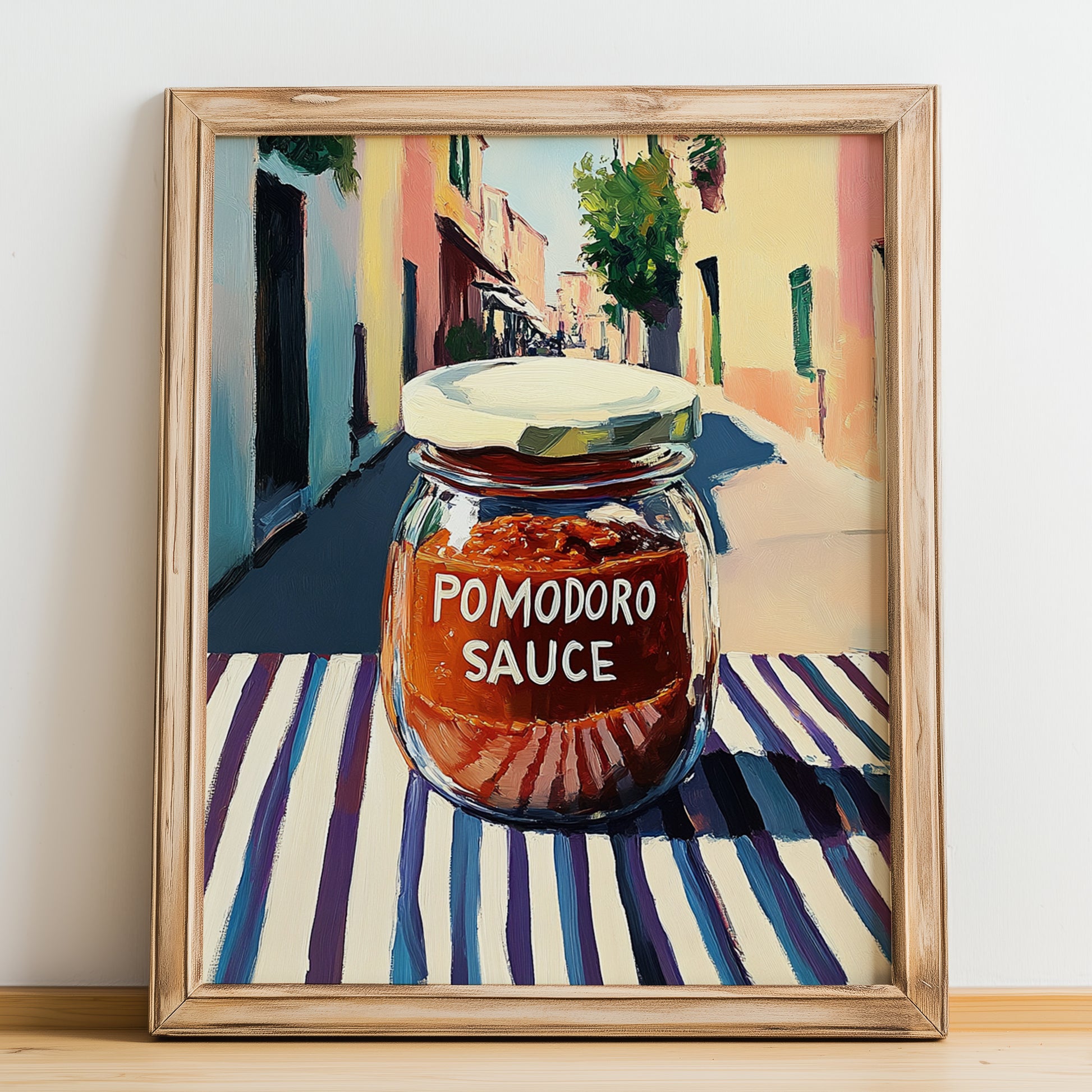 Pomodoro Sauce – Italian Street Café Scene, Food Stash Illustration, no-text version framed in wood