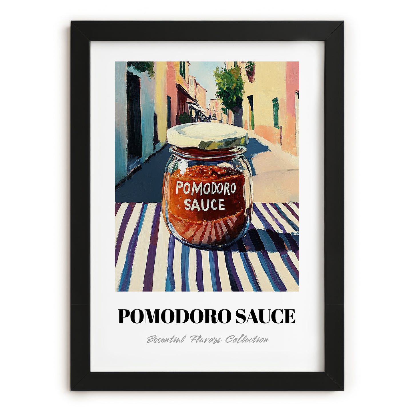 Pomodoro Sauce – Italian Street Café Scene, Food Stash Illustration, in sleek black frame