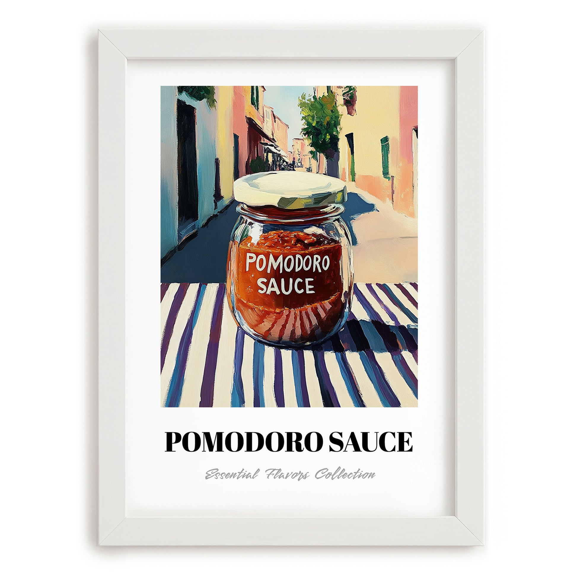 Pomodoro Sauce – Italian Street Café Scene, Food Stash Illustration, placed in minimal white frame