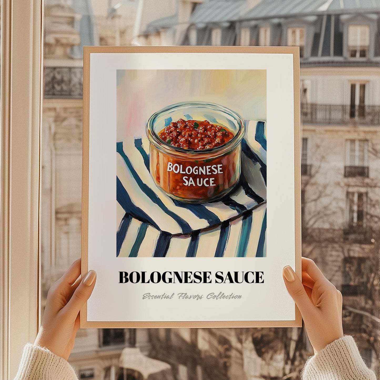 Bolognese Sauce – on Striped Tablecloth, Pantry Illustration, styled in a charming Paris street view